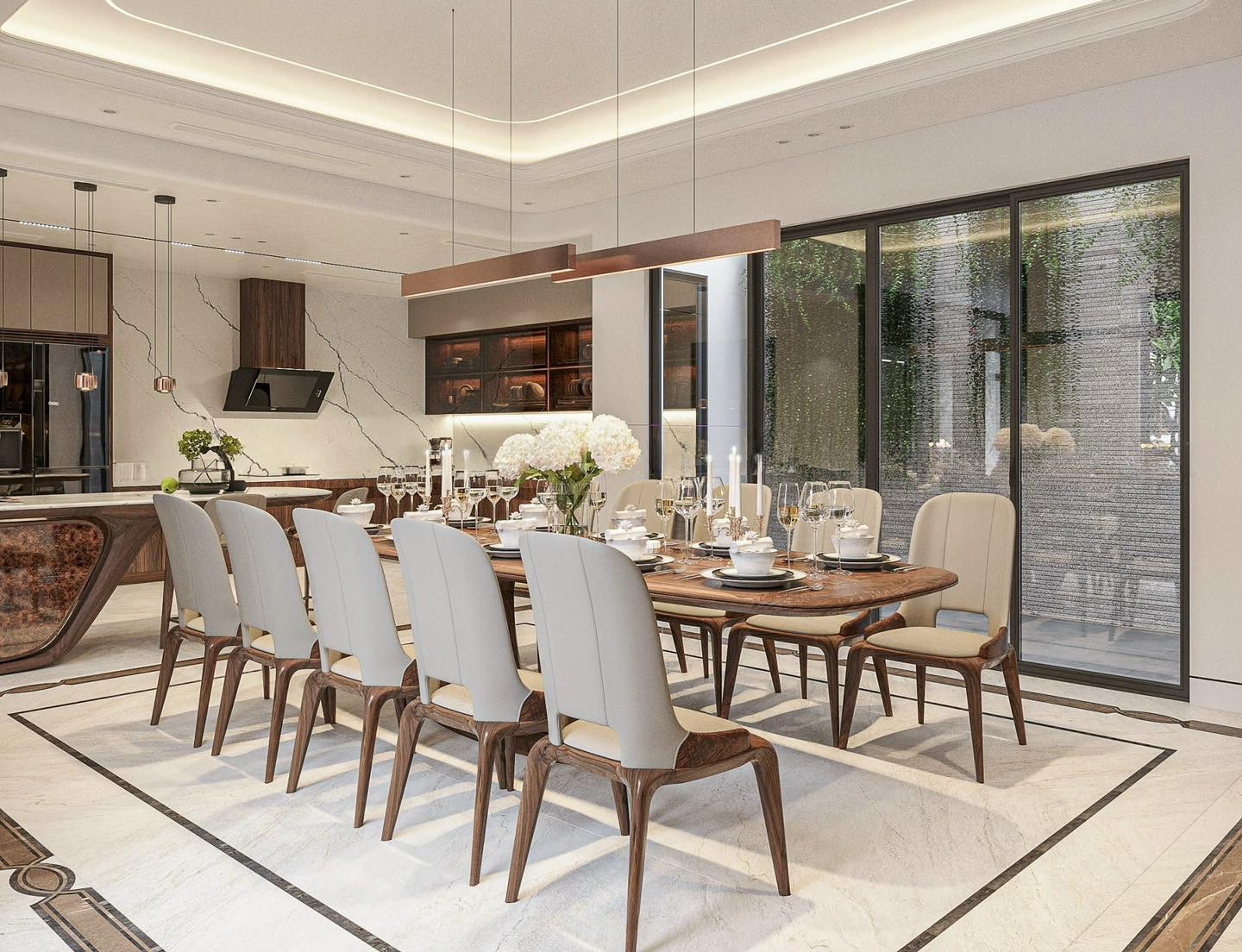 Bàn ăn 10 ghế gỗ óc chó hoặc gỗ sồi tự nhiên với ghế bọc da be ghi sang trọng