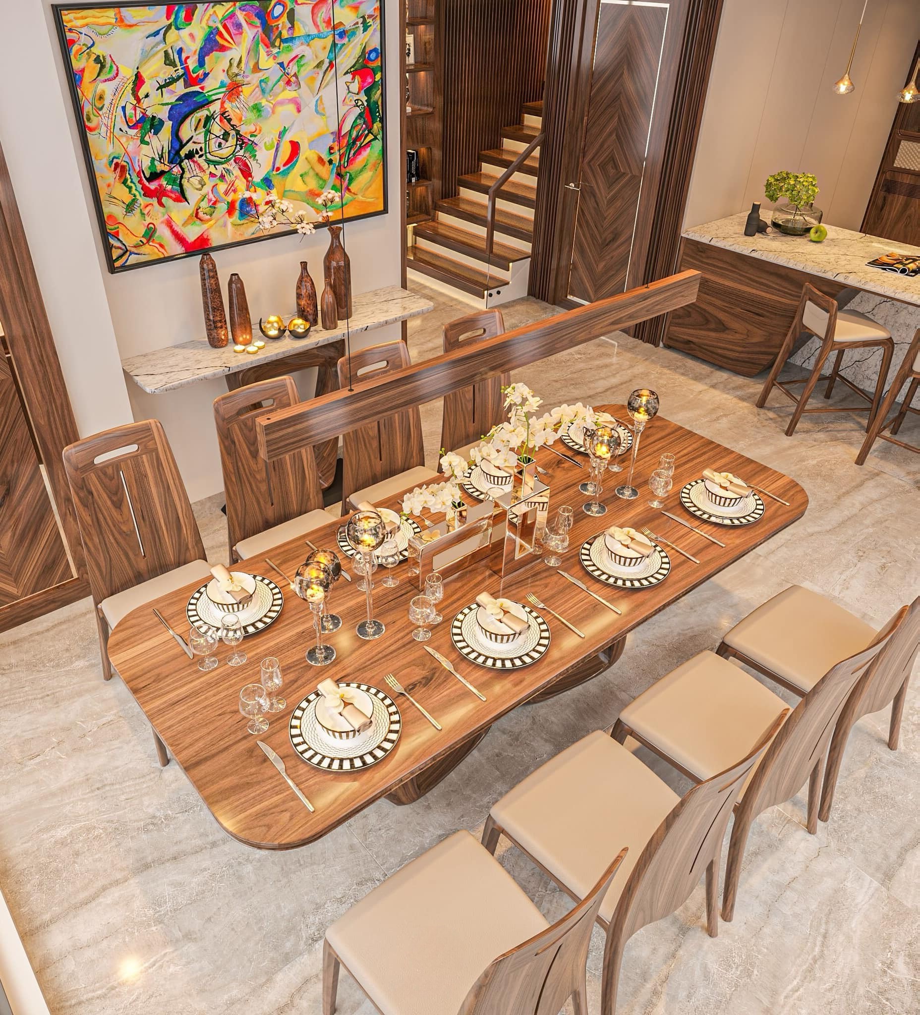 Bàn ăn 8 ghế hiện đại với mặt gỗ bo góc và ghế tựa liền khối