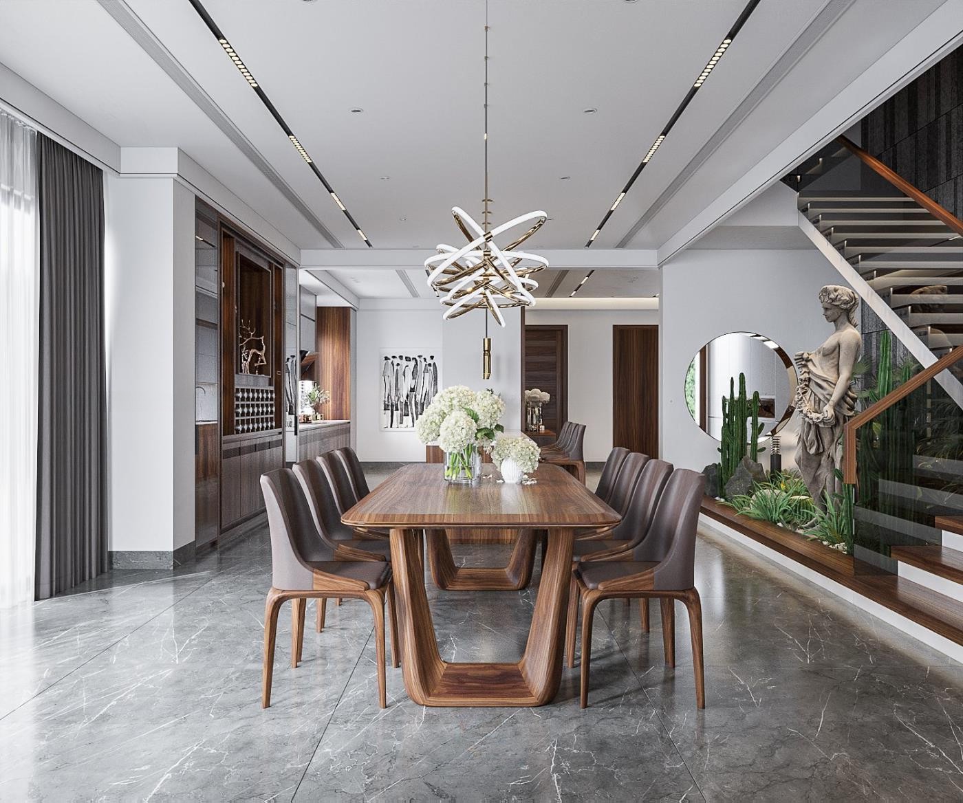 Bàn ăn cao cấp 8 ghế gỗ óc chó hoặc gỗ sồi tự nhiên bọc da màu ghi đậm