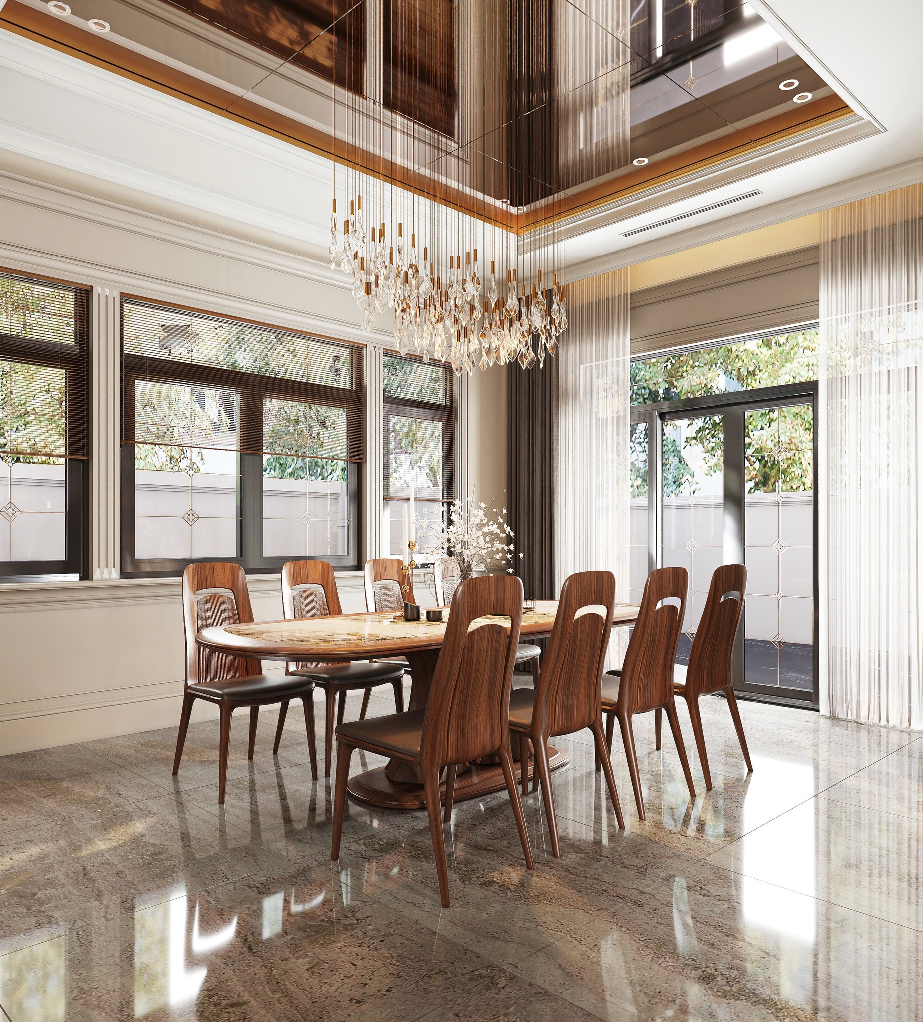 Bàn ăn mặt đá hiện đại 8 ghế gỗ óc chó hoặc gỗ sồi tự nhiên màu nâu ánh đỏ