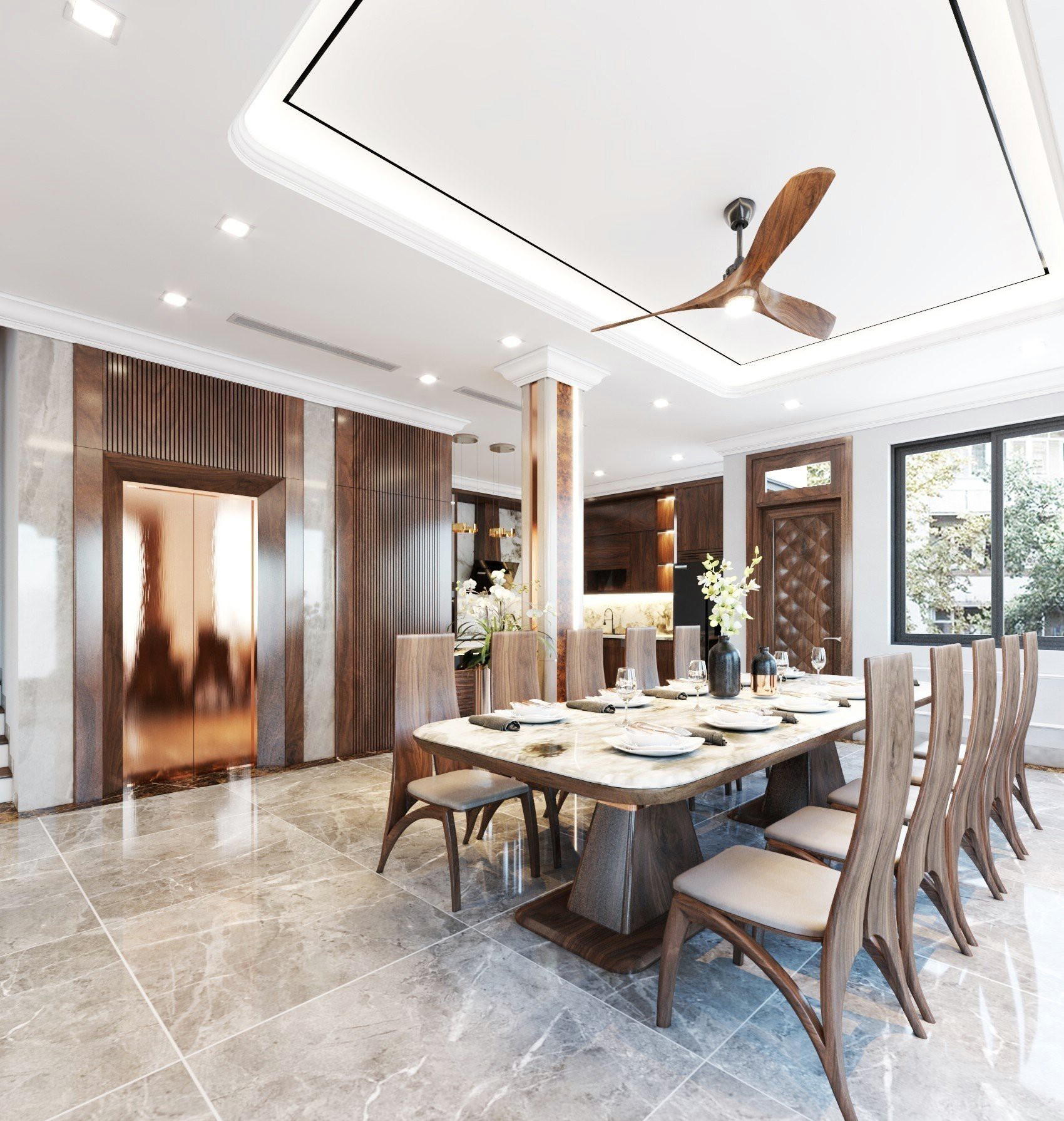 Mẫu bàn ăn mặt đá marble vân mây, 10–12 ghế, khung gỗ óc chó, ghế tựa cong bọc nỉ kem