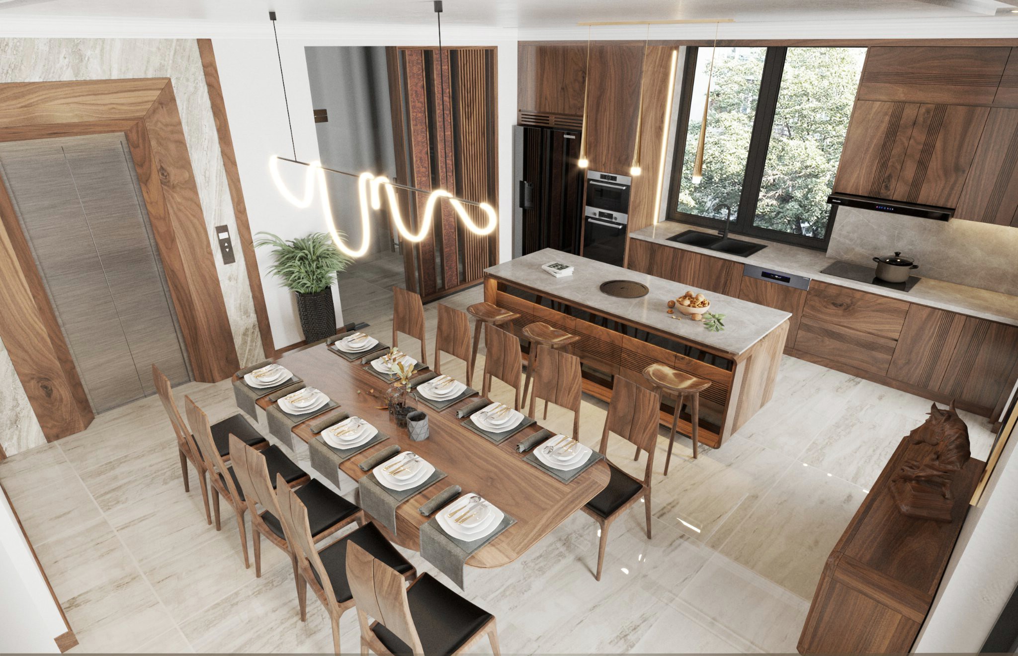 Bàn ăn phòng bếp gỗ sồi tự nhiên 10 ghế với mặt bàn chữ nhật bo cong sang trọng