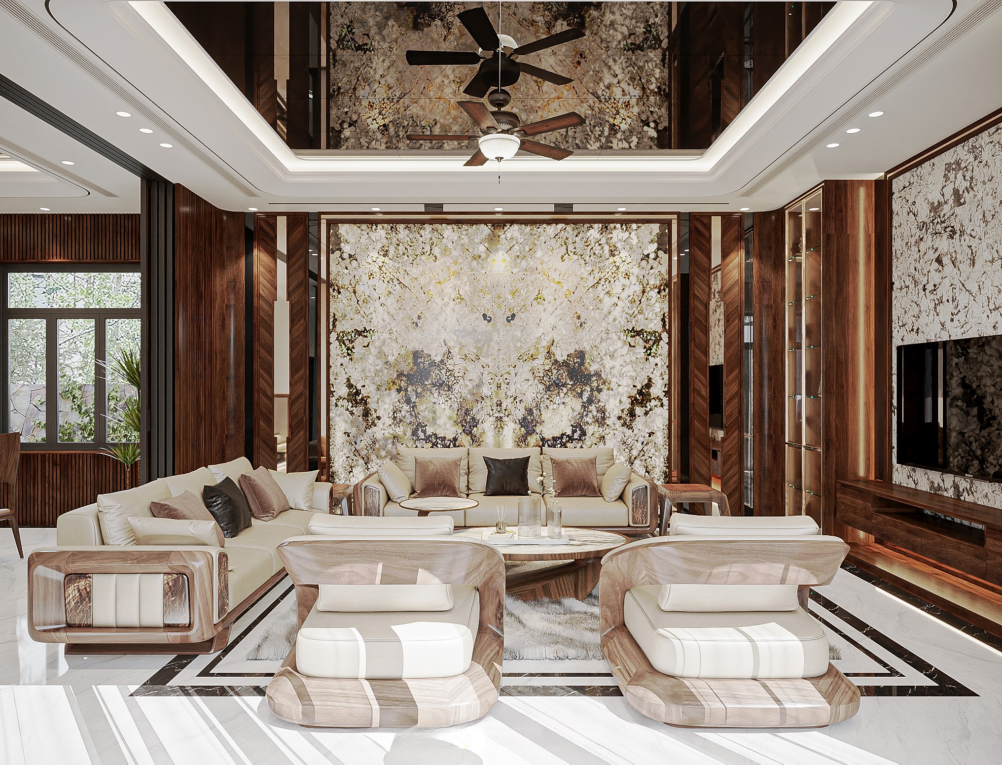 Bộ bàn ghế gỗ phòng khách đẹp 5 món với khung gỗ óc chó và bàn trà mặt đá marble