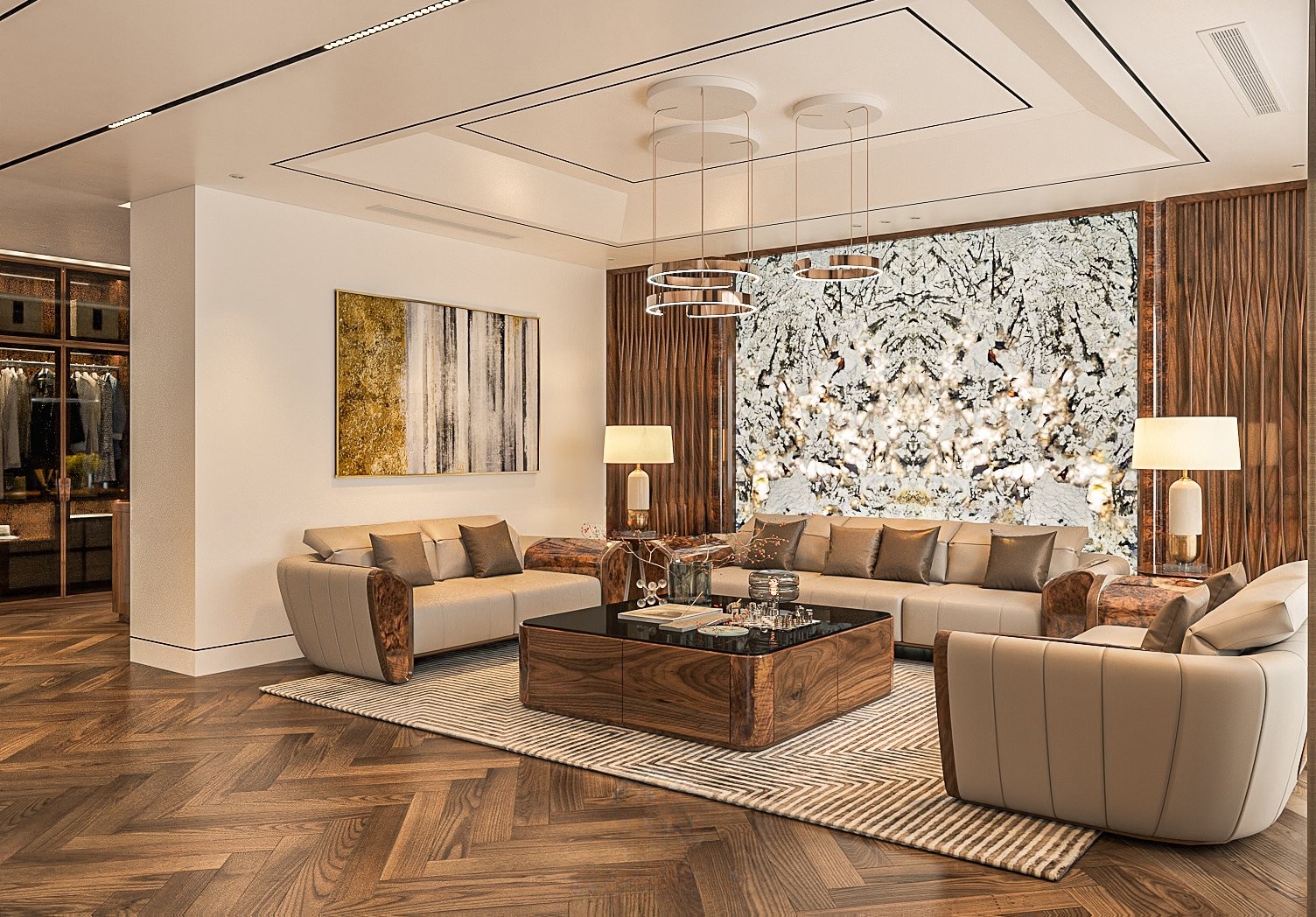 Bộ bàn ghế gỗ phòng khách hiện đại tay vịn liền khối vòm cung kết hợp veneer nu và da PU