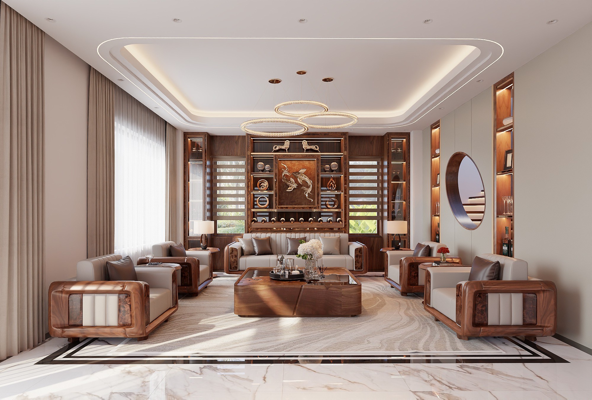 Bộ bàn ghế gỗ sofa phòng khách hình chữ U hiện đại