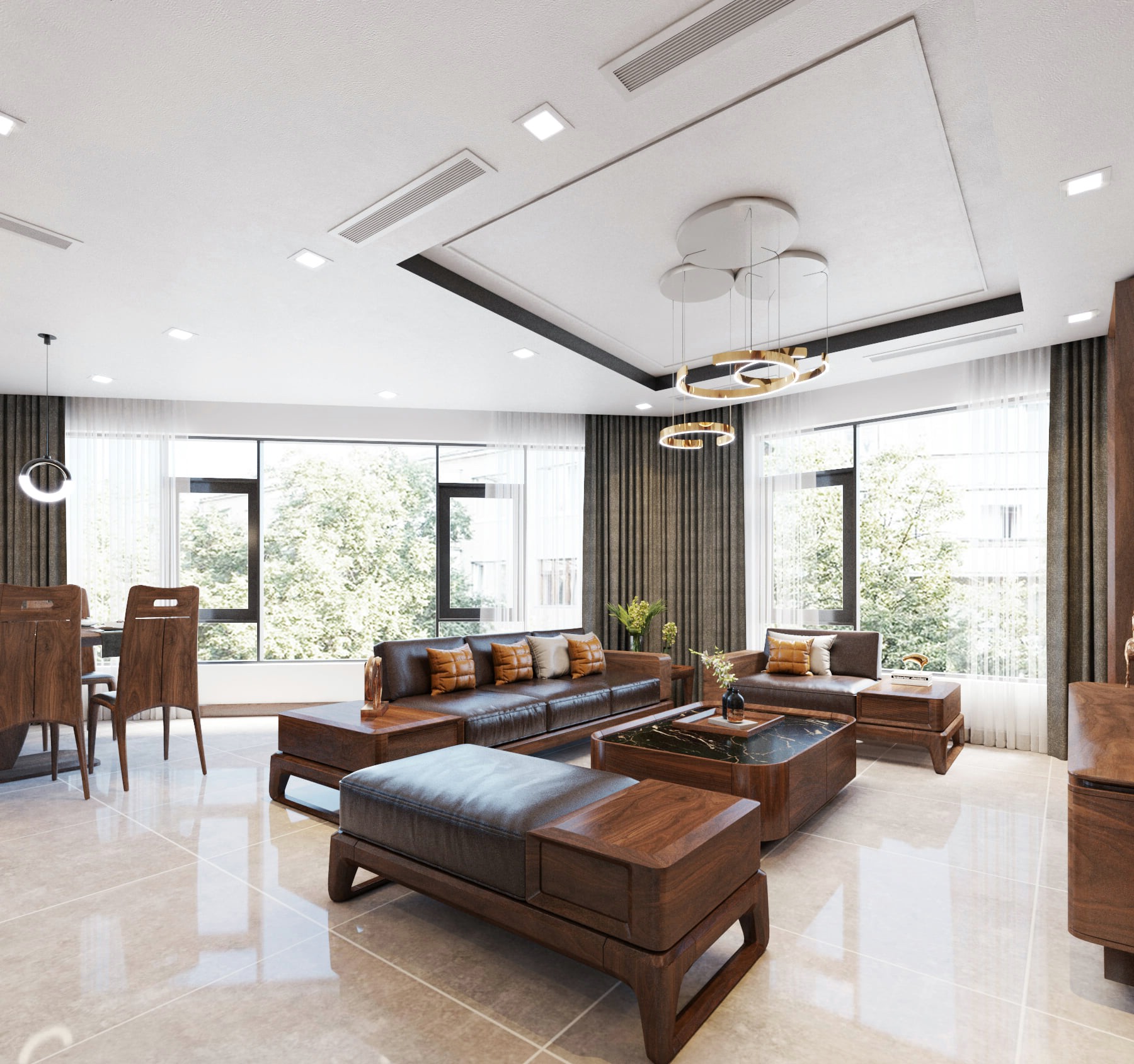 Bộ bàn ghế phòng khách gỗ óc chó nhỏ gọn kết hợp bàn trà mặt đá đen vân tia trắng