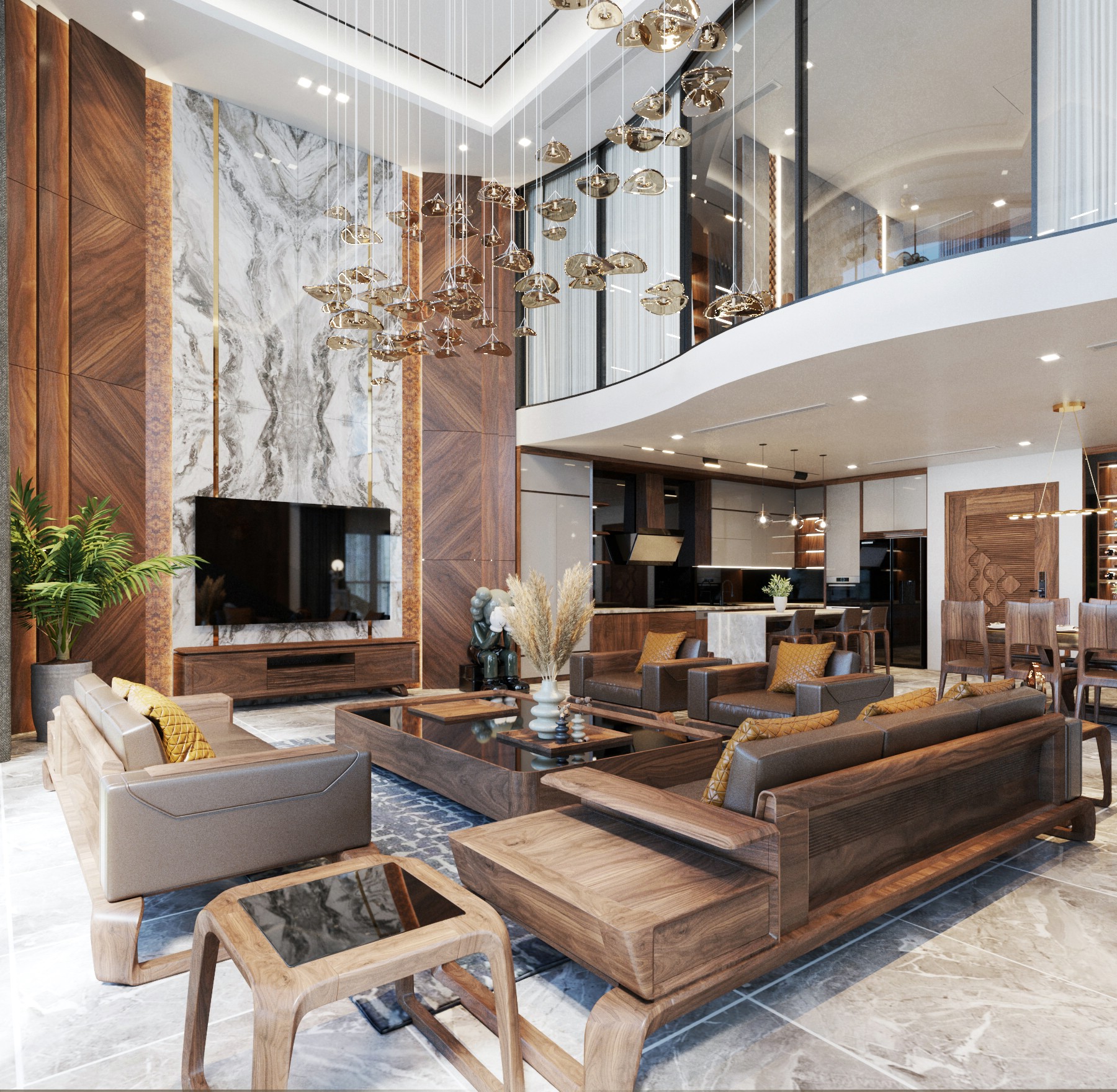 mẫu sofa gỗ óc chó bố trí chữ U với bàn trà mặt kính đen cho phòng khách sang trọng