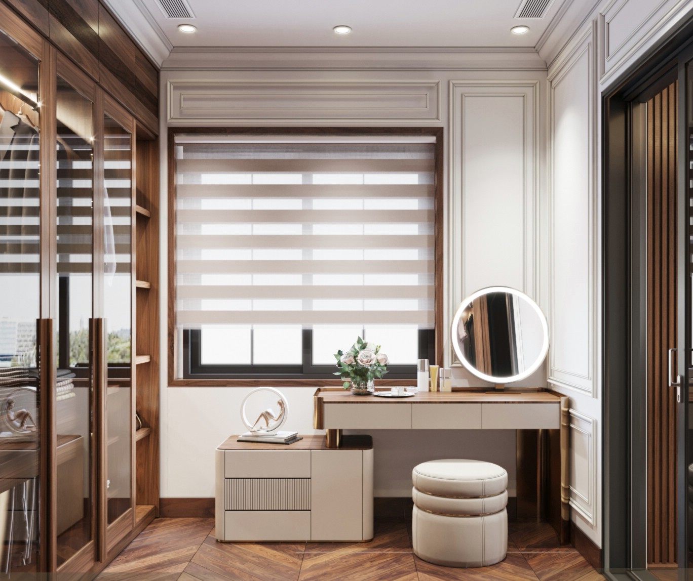 bàn phấn MDF phủ veneer óc chó nâu cánh tủ Laminate trắng ghế đôn da PU màu be