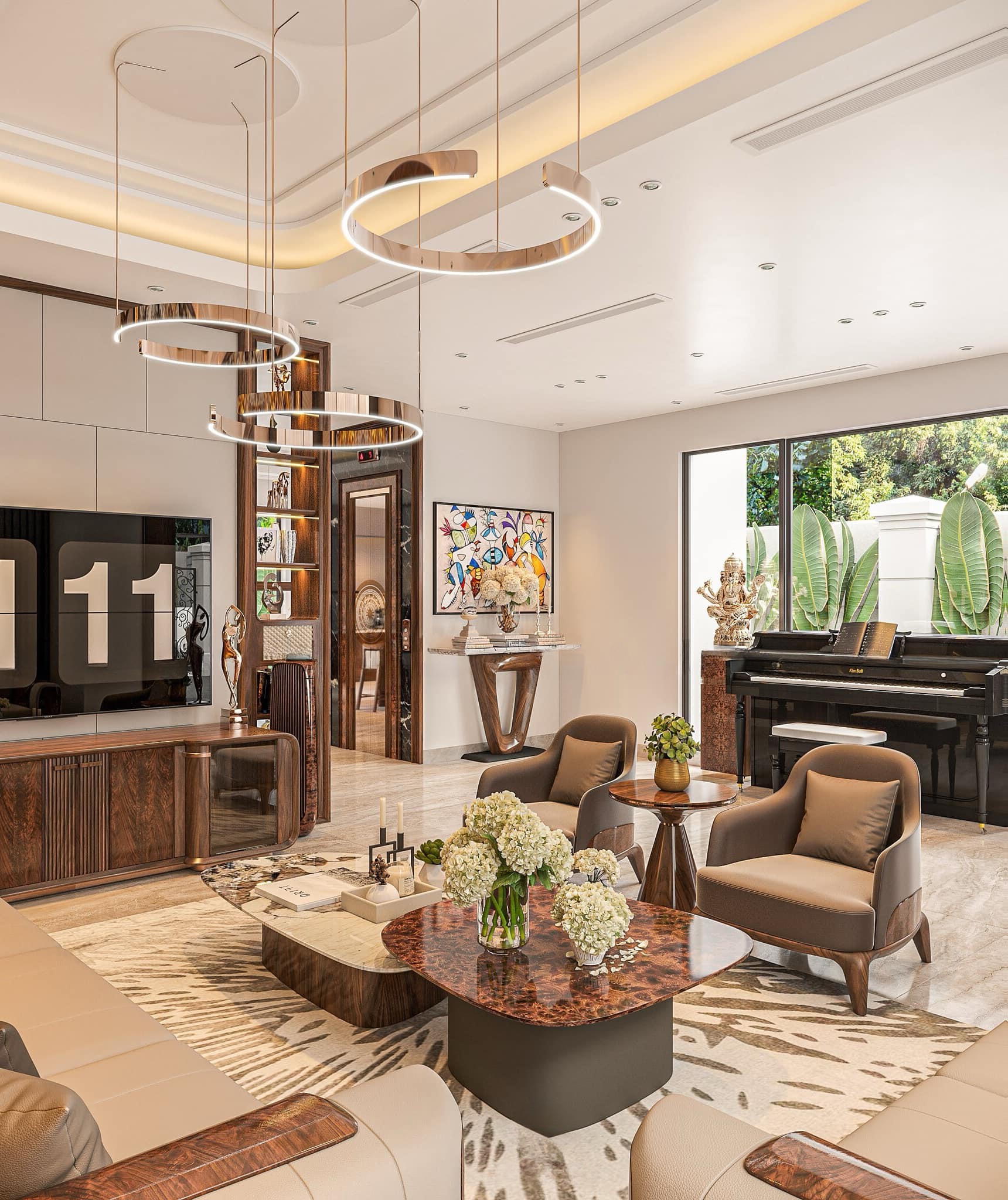 Bàn trà phòng khách đẹp 2 tầng hiện đại với gỗ veneer nu và đá marble