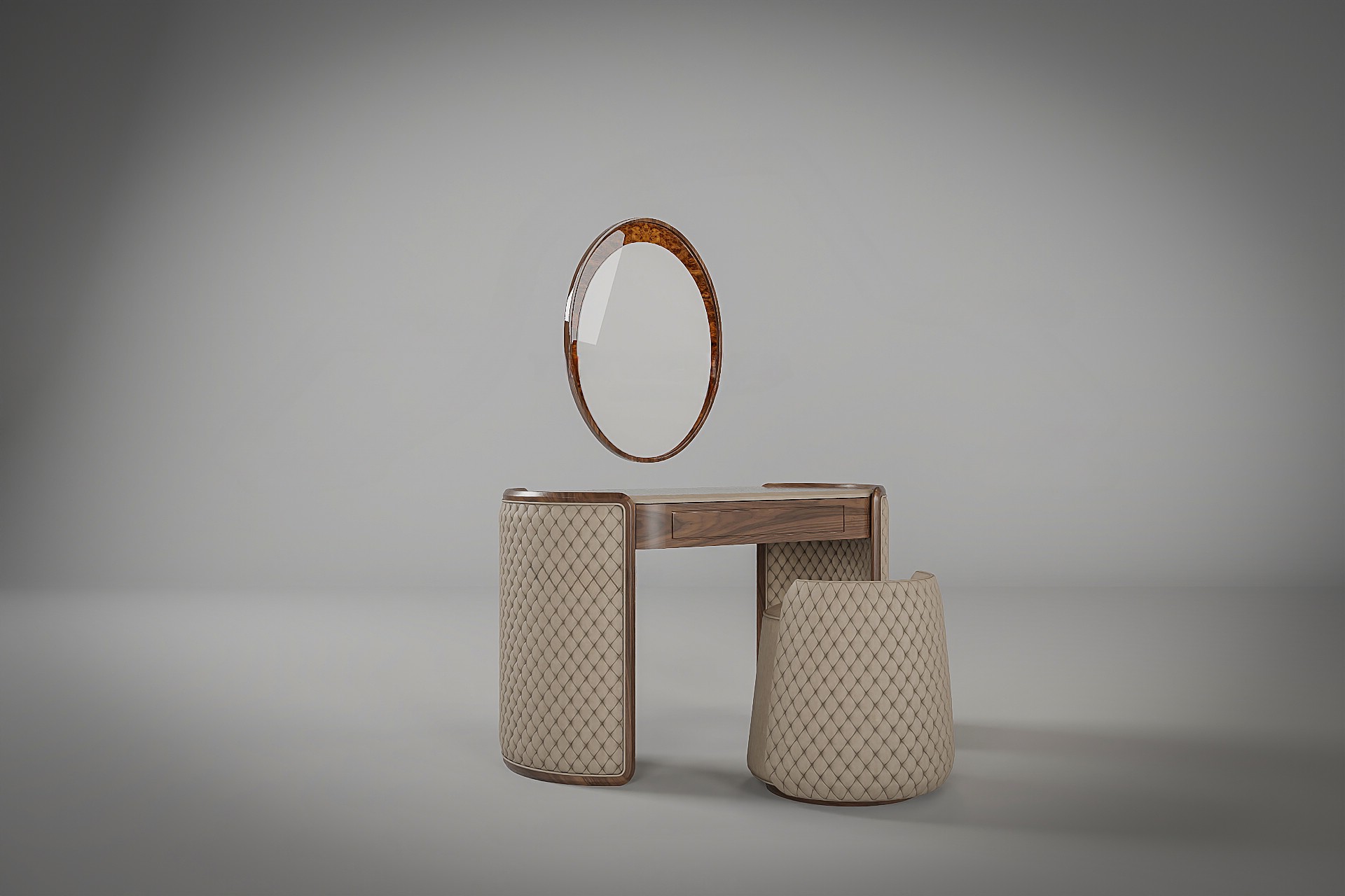 Bàn trang điểm bằng gỗ đẹp nhất với mặt bàn oval bọc da và gương khung veneer nu