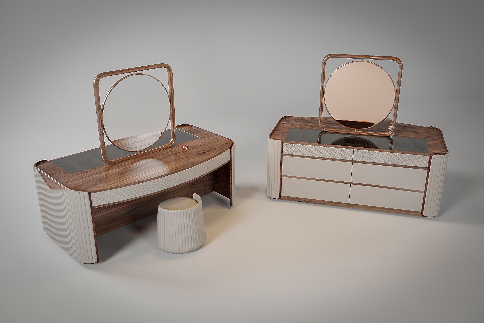 Bàn trang điểm gỗ MDF phủ laminate màu nâu trầm thiết kế nhiều ngăn kéo tiện lợi và gương tròn khung gỗ