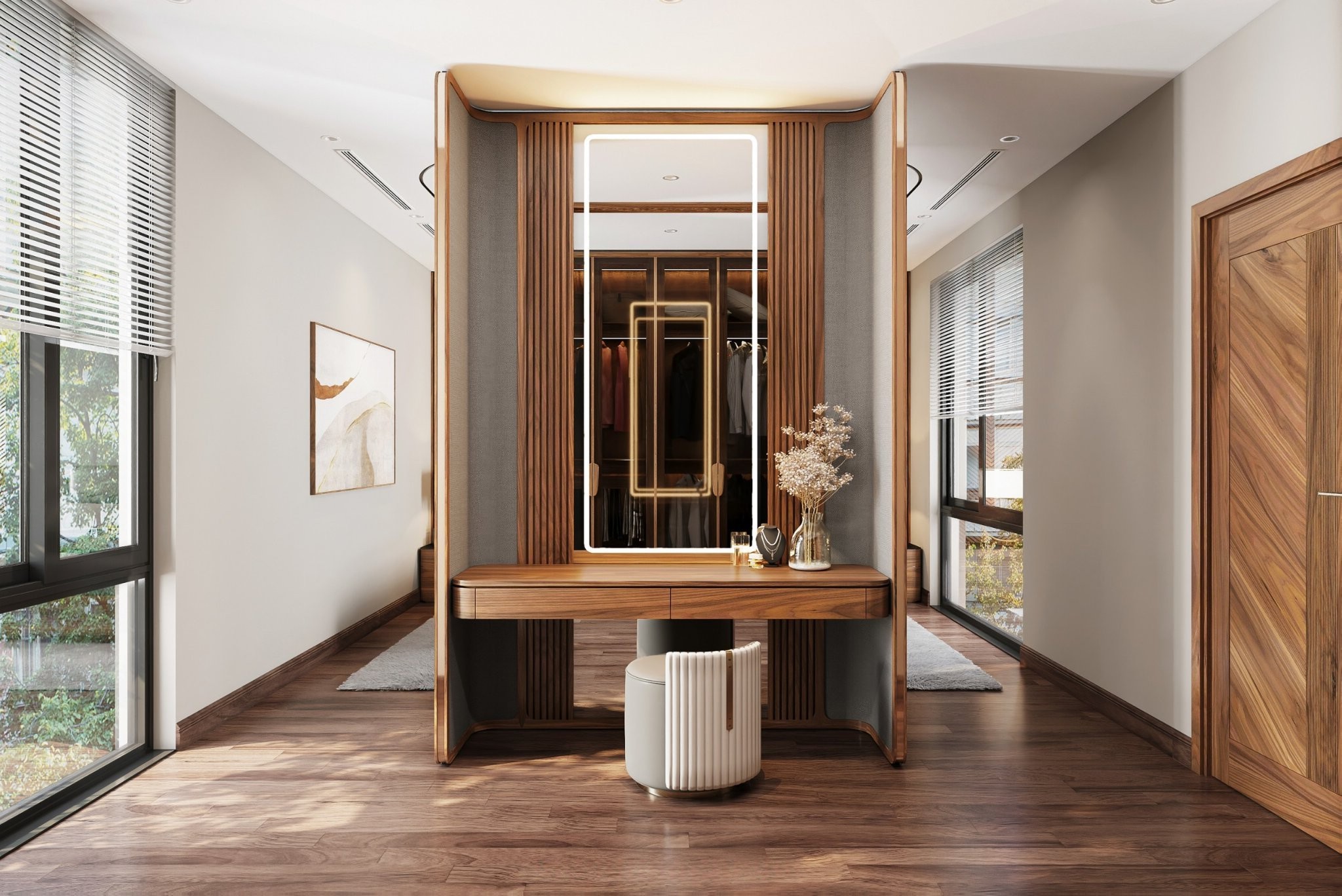 Bàn trang điểm gỗ cao cấp kết hợp vách ngăn phòng ngủ hiện đại