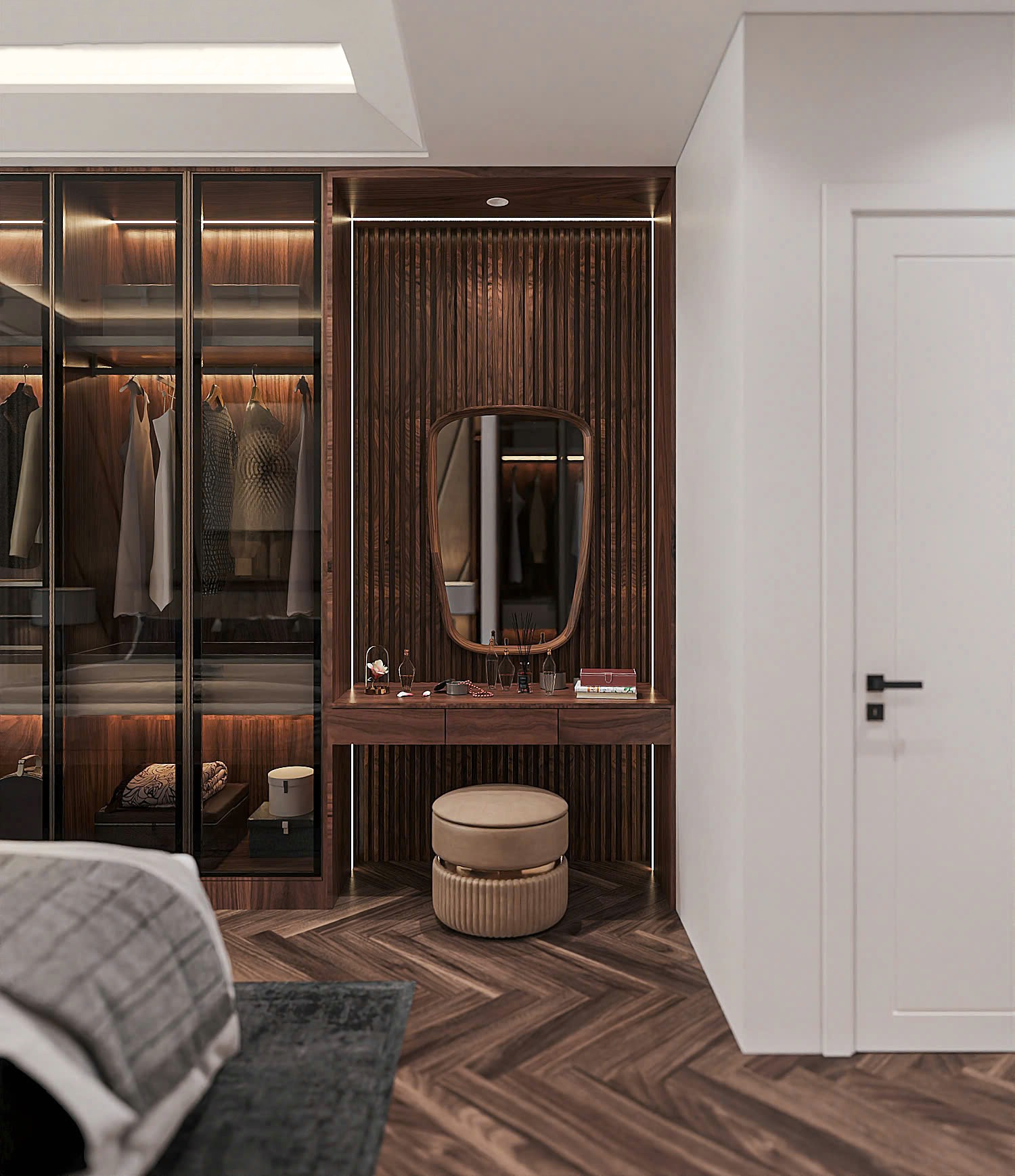 Bàn trang điểm gỗ đẹp hiện đại với gương viền gỗ và ghế đôn bọc da sang trọng