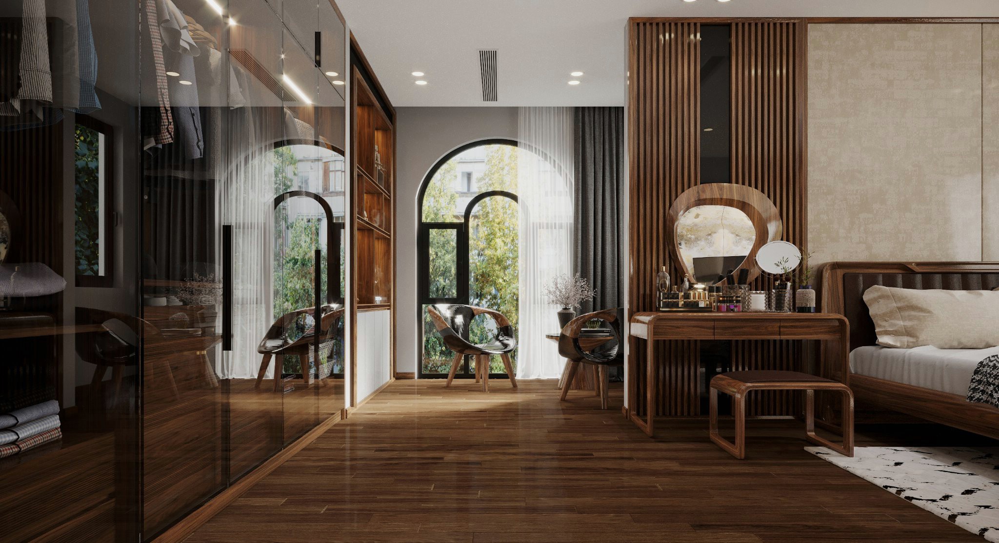 Bàn trang điểm gỗ tự nhiên hiện đại với ghế đôn da nâu đen và gương viền gỗ