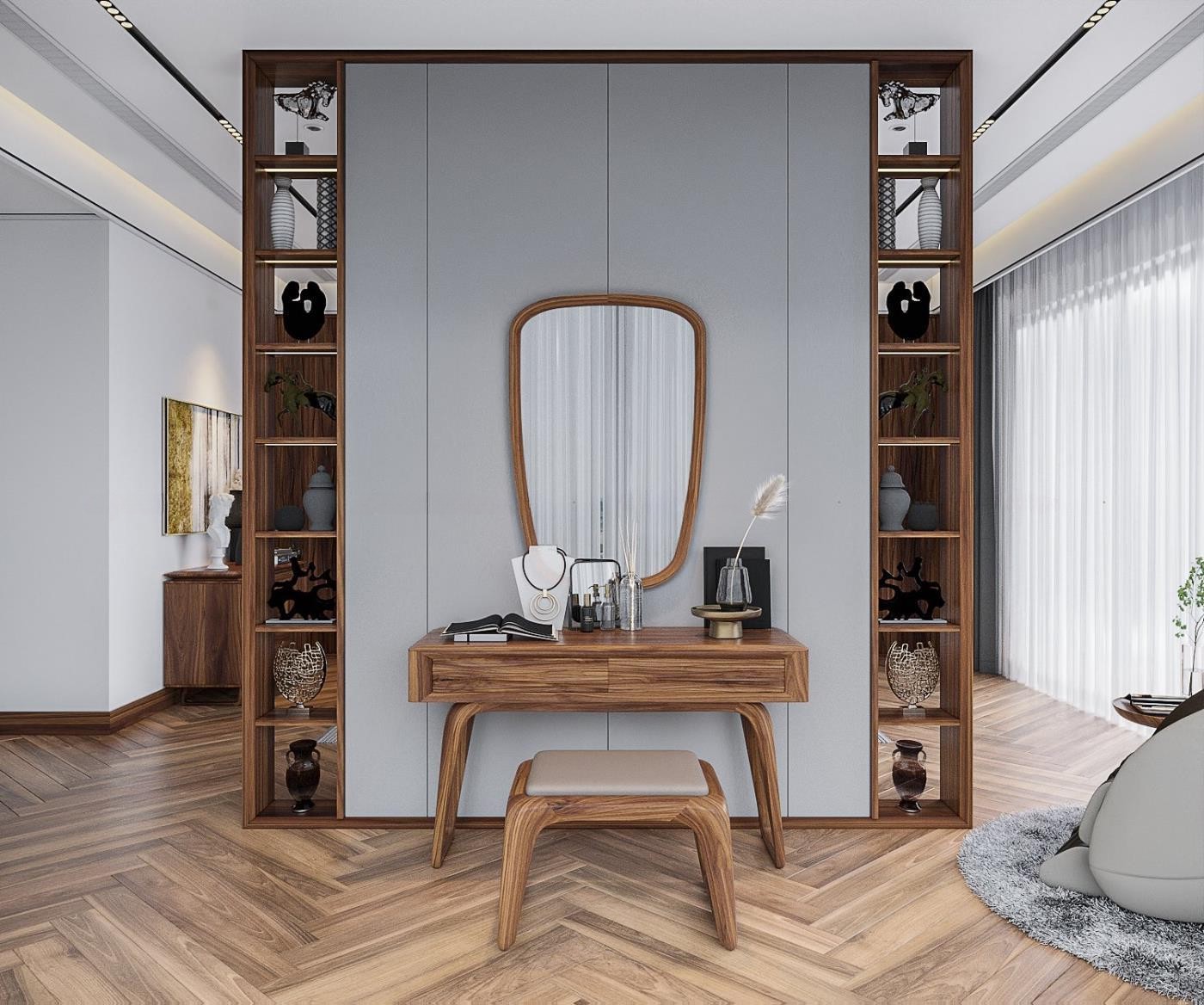 Bàn trang điểm gỗ tự nhiên dáng chữ nhật với gương viền gỗ và ghế bọc da sang trọng