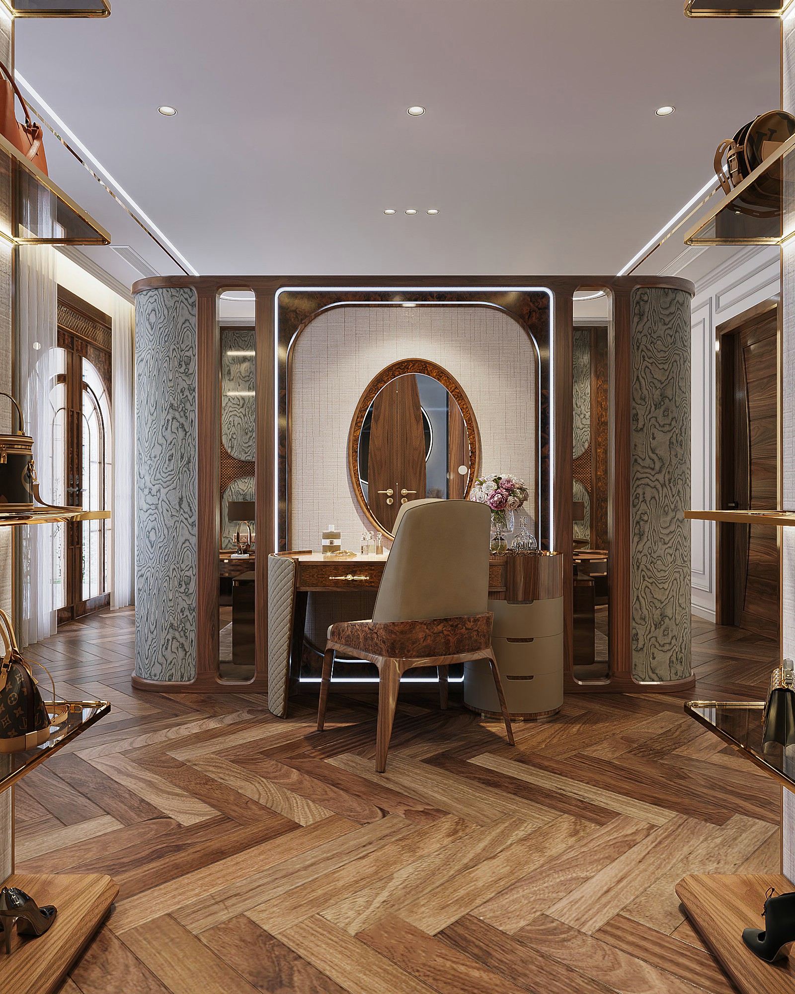 Bàn trang điểm phòng ngủ hiện đại kết hợp vách ngăn với gương oval viền veneer nu sang trọng