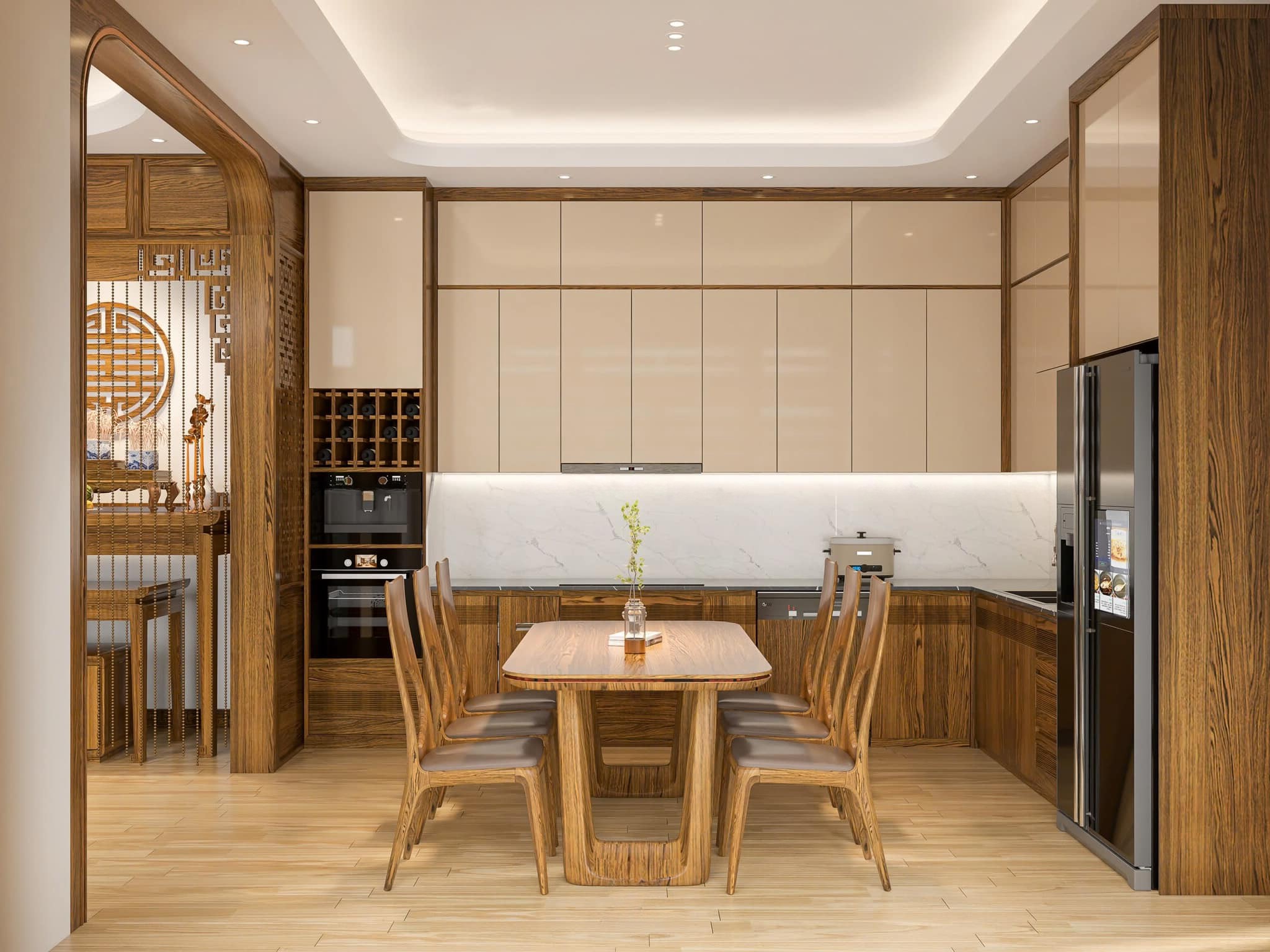 Báo giá tủ bếp gỗ Óc Chó kết hợp Acrylic với thiết kế hiện đại