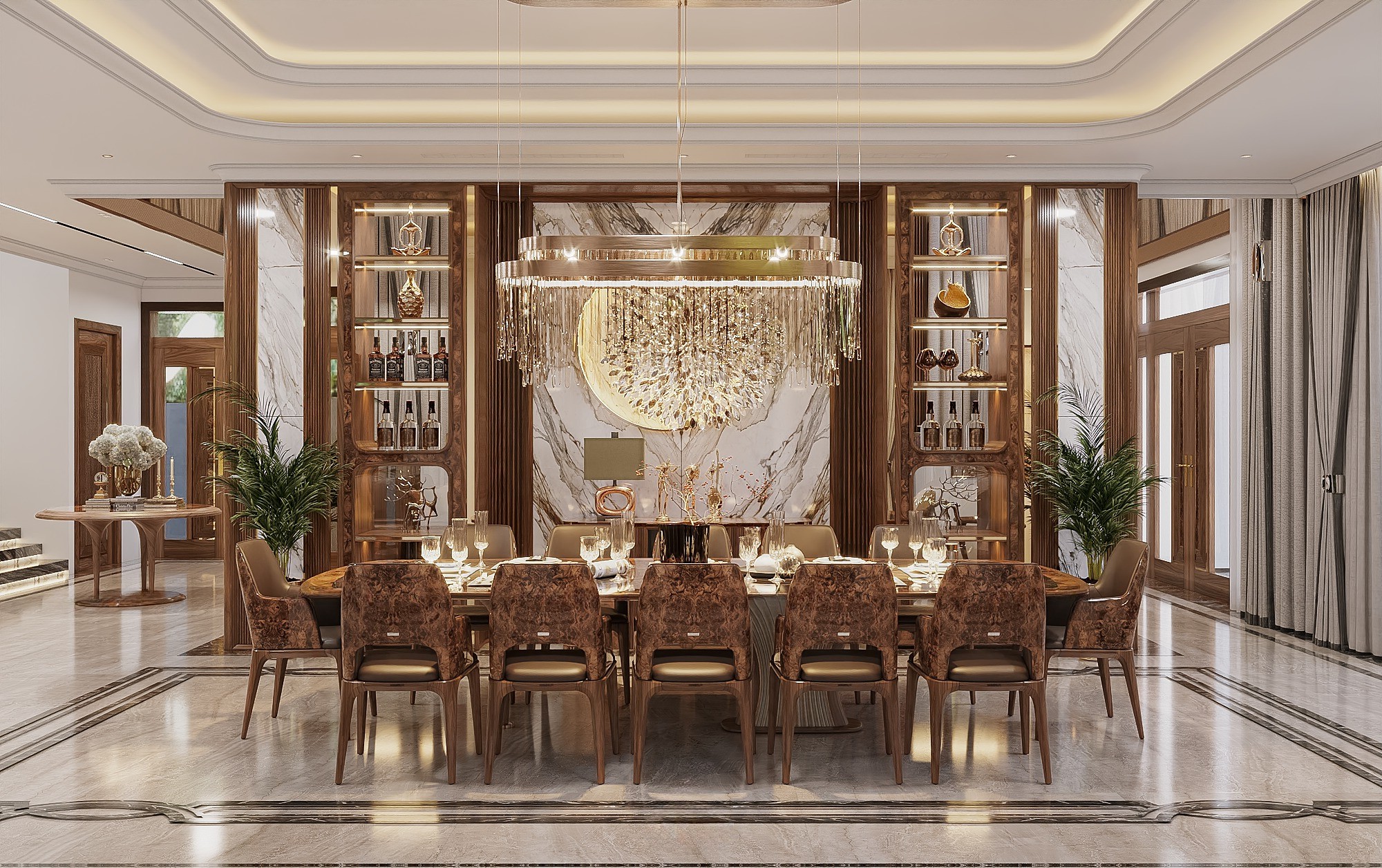 Bộ bàn ăn đẹp hiện đại 12 ghế chất liệu gỗ óc chó, veneer nu và da màu nâu đậm