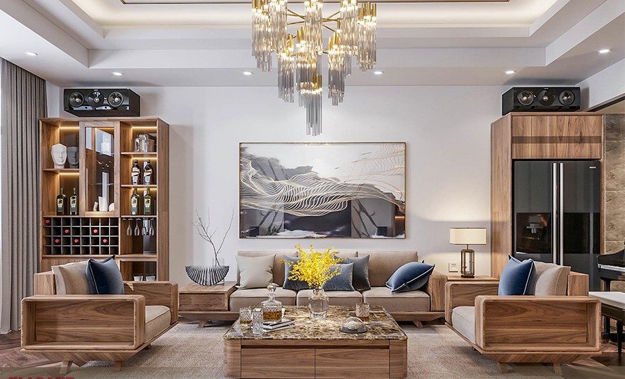 bộ bàn ghế gỗ phòng khách gỗ óc chó nâu nhạt với sofa văng 3 chỗ, ghế đơn và bàn trà mặt đá marble nâu