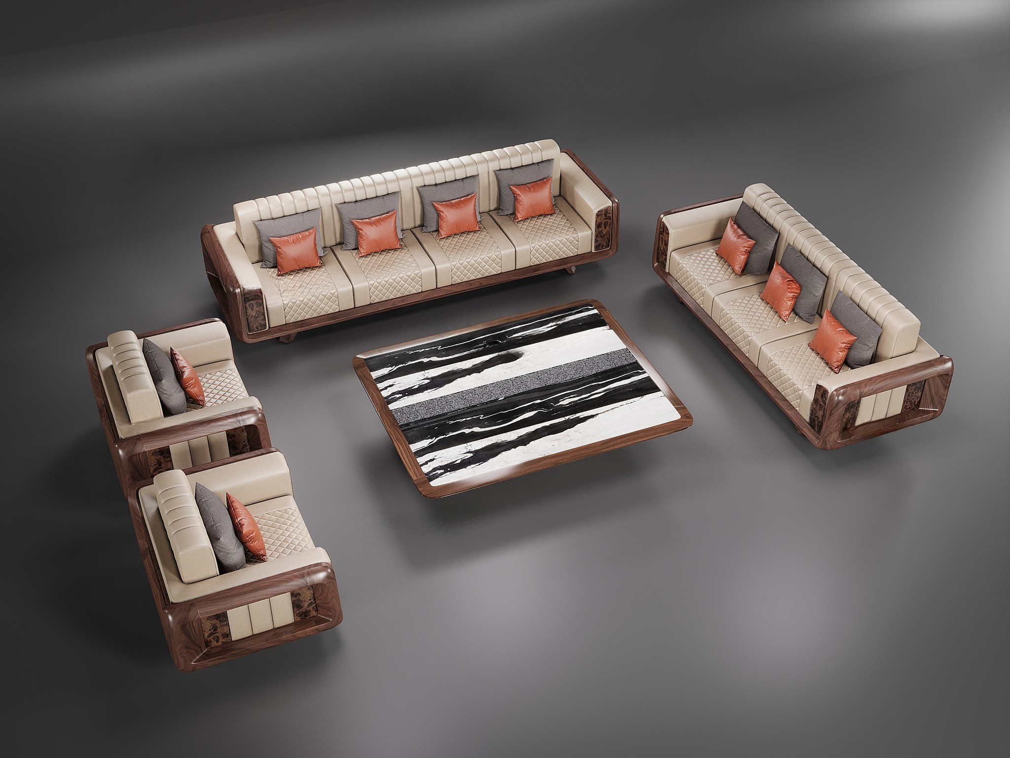 bộ bàn ghế gỗ phòng khách gỗ óc chó bố trí chữ U với sofa văng, ghế đơn và bàn mặt đá Marble đen sọc trắng