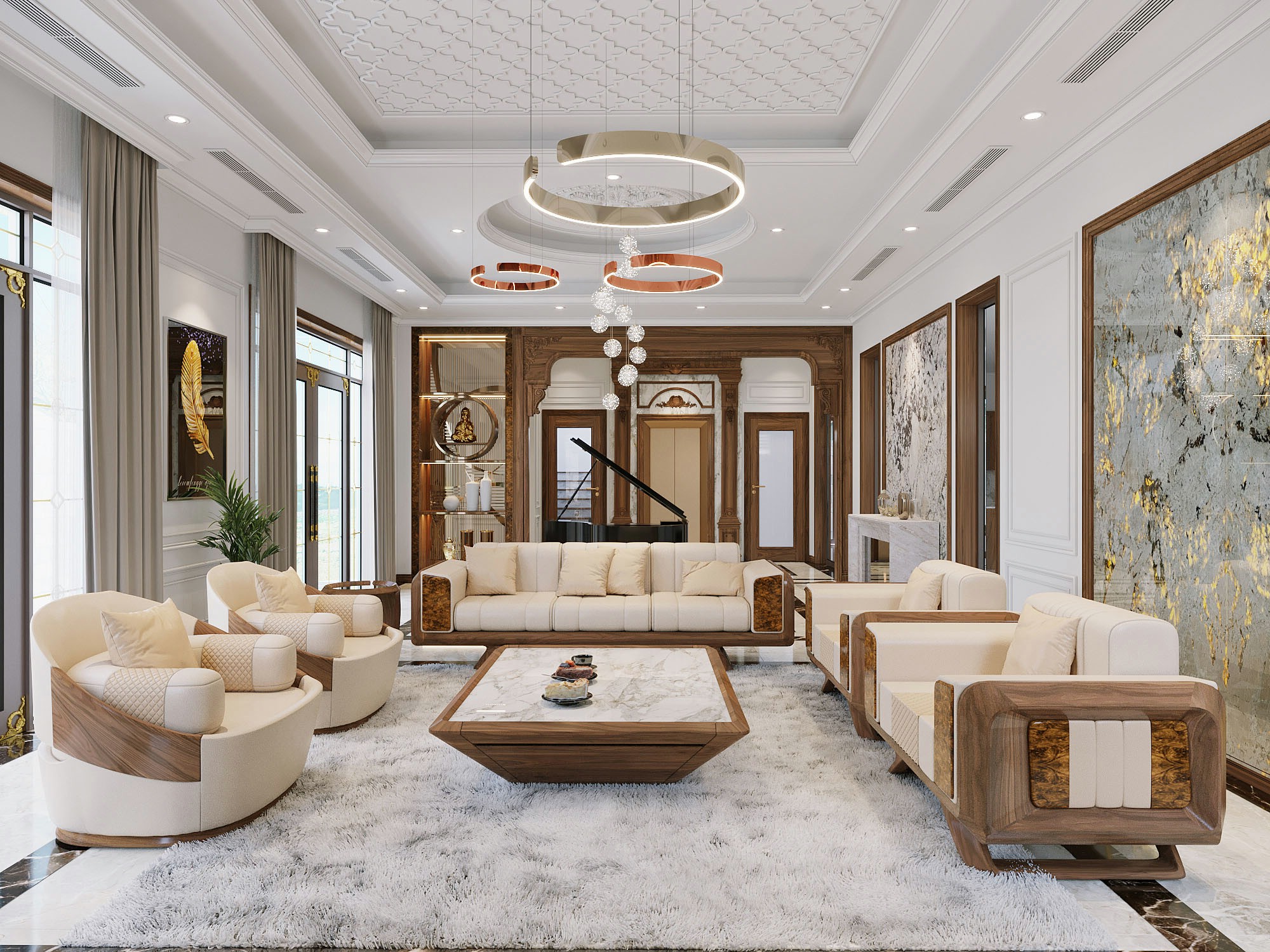 Bộ bàn ghế phòng khách đẹp gỗ óc chó hoặc gỗ sồi với bàn trà mặt đá marble sang trọng