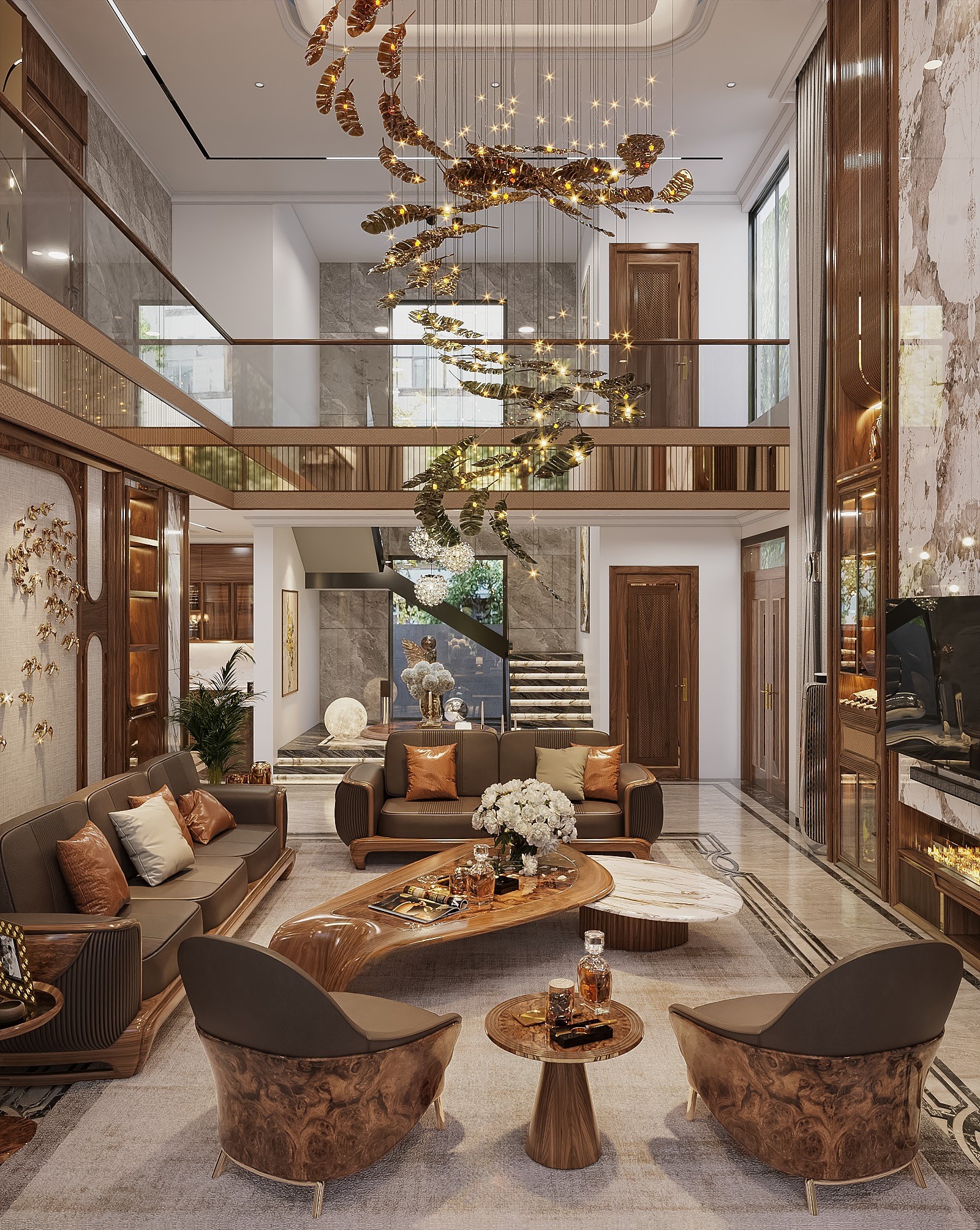 Bộ bàn ghế phòng khách hiện đại chữ U với ghế đơn vòm cung và bàn trà đá marble trắng vân xám