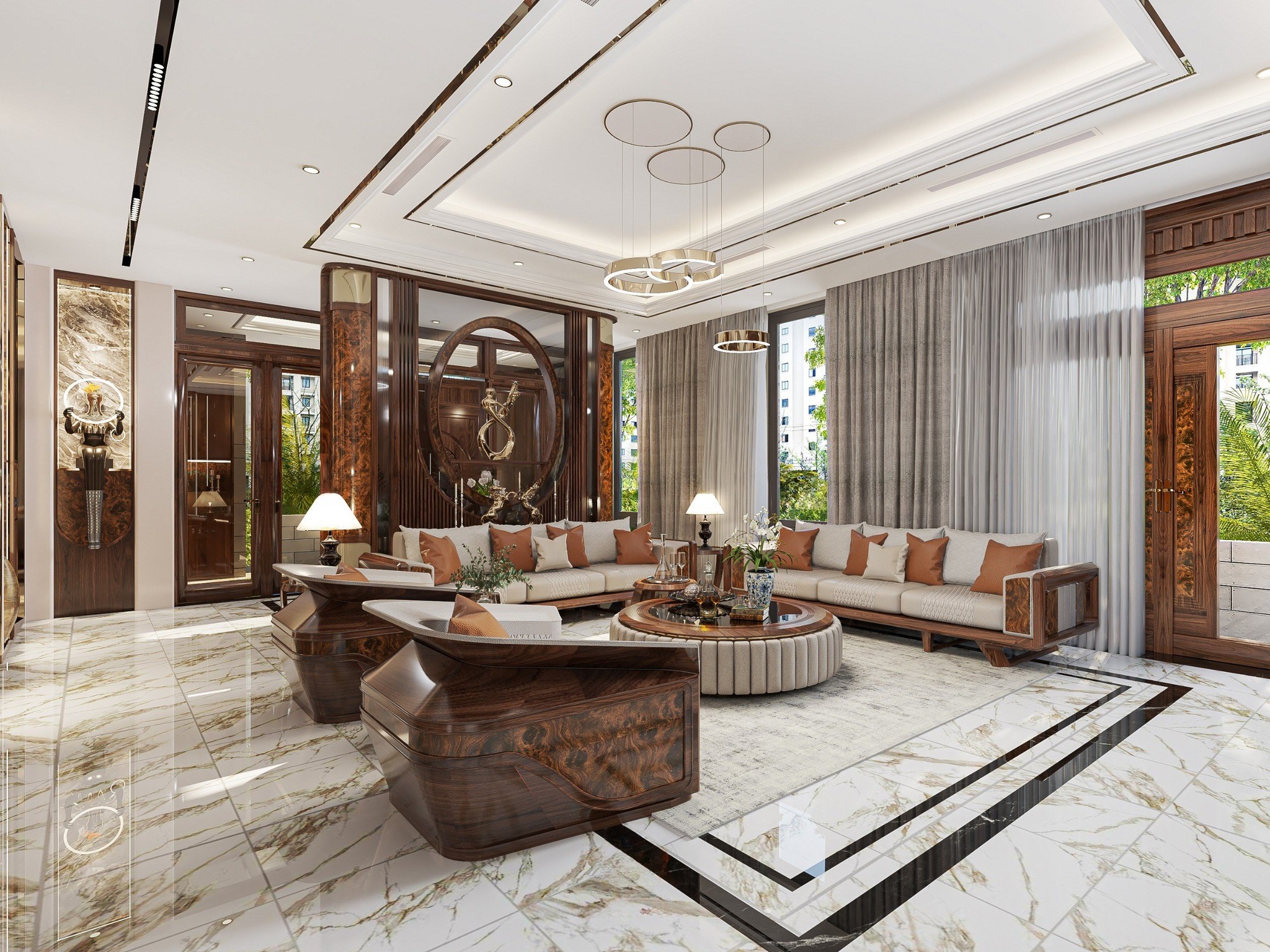 Bộ bàn ghế sofa gỗ óc chó hoặc gỗ sồi màu nâu đậm với bàn trà tròn mặt kính đen