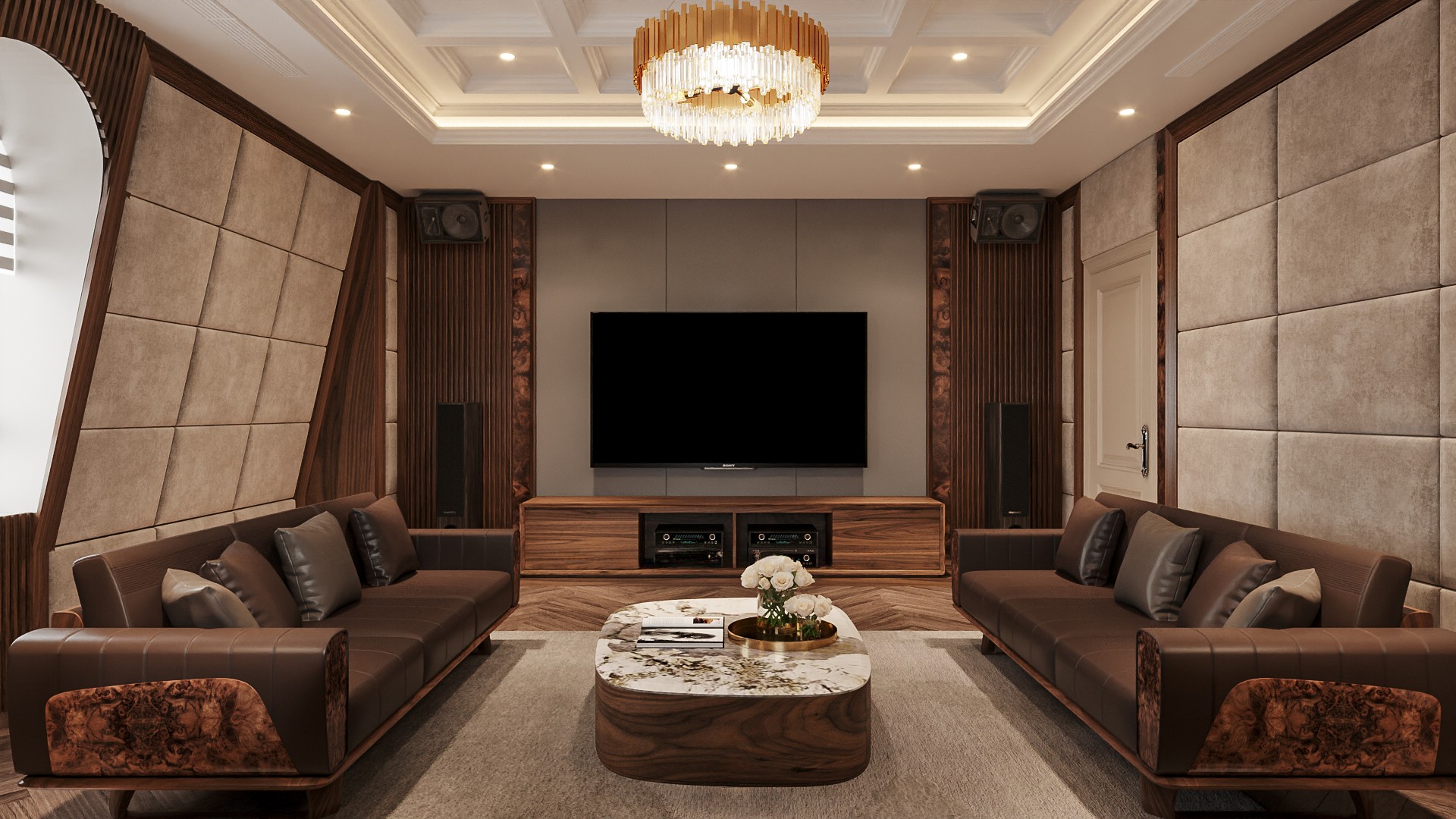 Ghế sofa gỗ óc chó song song, tay phối Nu và da, bàn trà mặt đá chính giữa