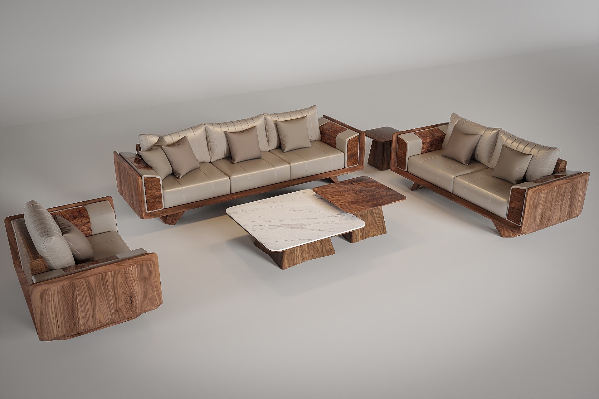 Bộ ghế sofa gỗ hiện đại với đệm da ghi xám và bàn trà kết hợp đá – gỗ veneer nu