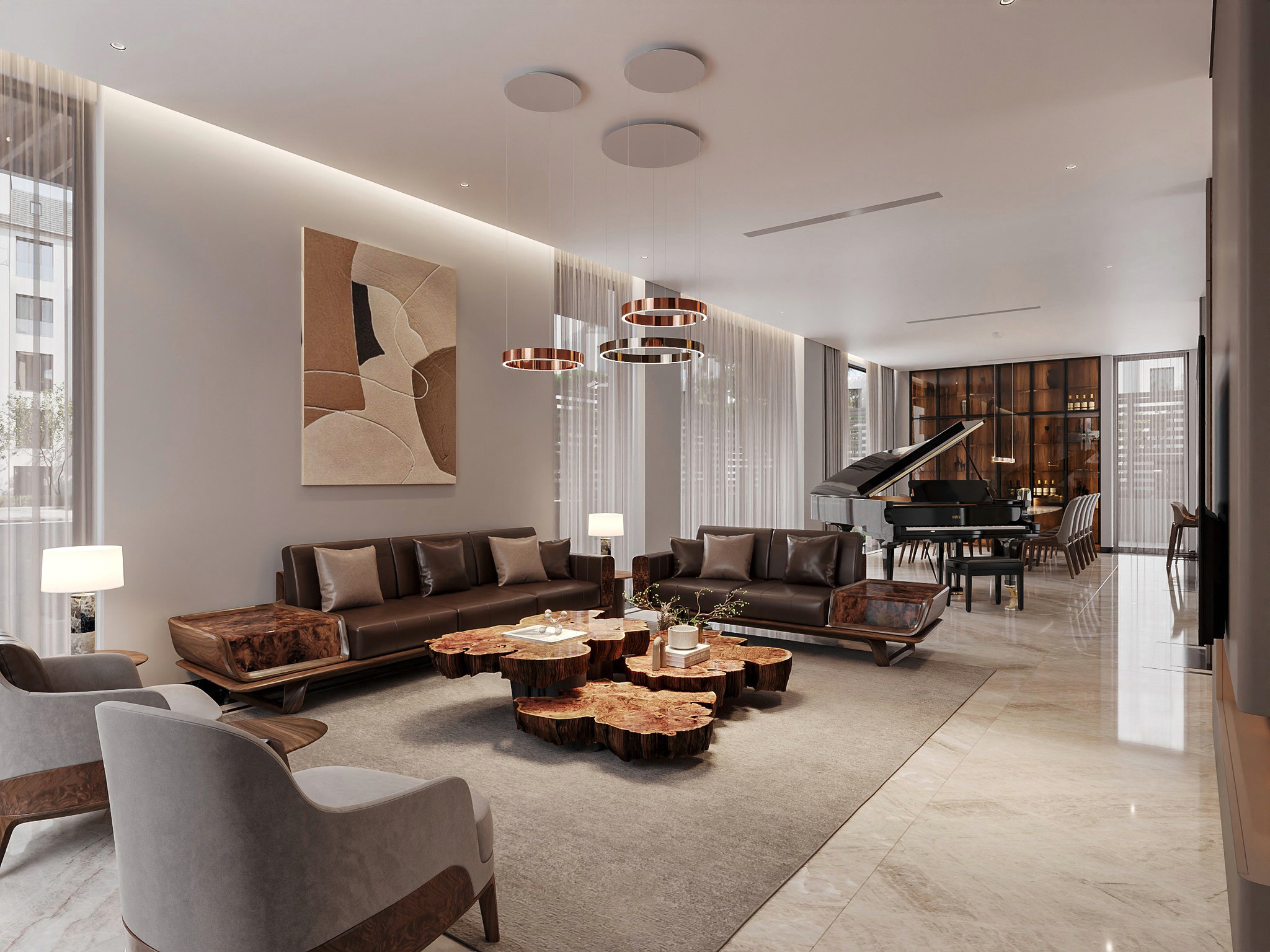 Bộ sofa gỗ phòng khách hiện đại chất liệu gỗ óc chó màu nâu đậm kết hợp bàn trà veneer nu