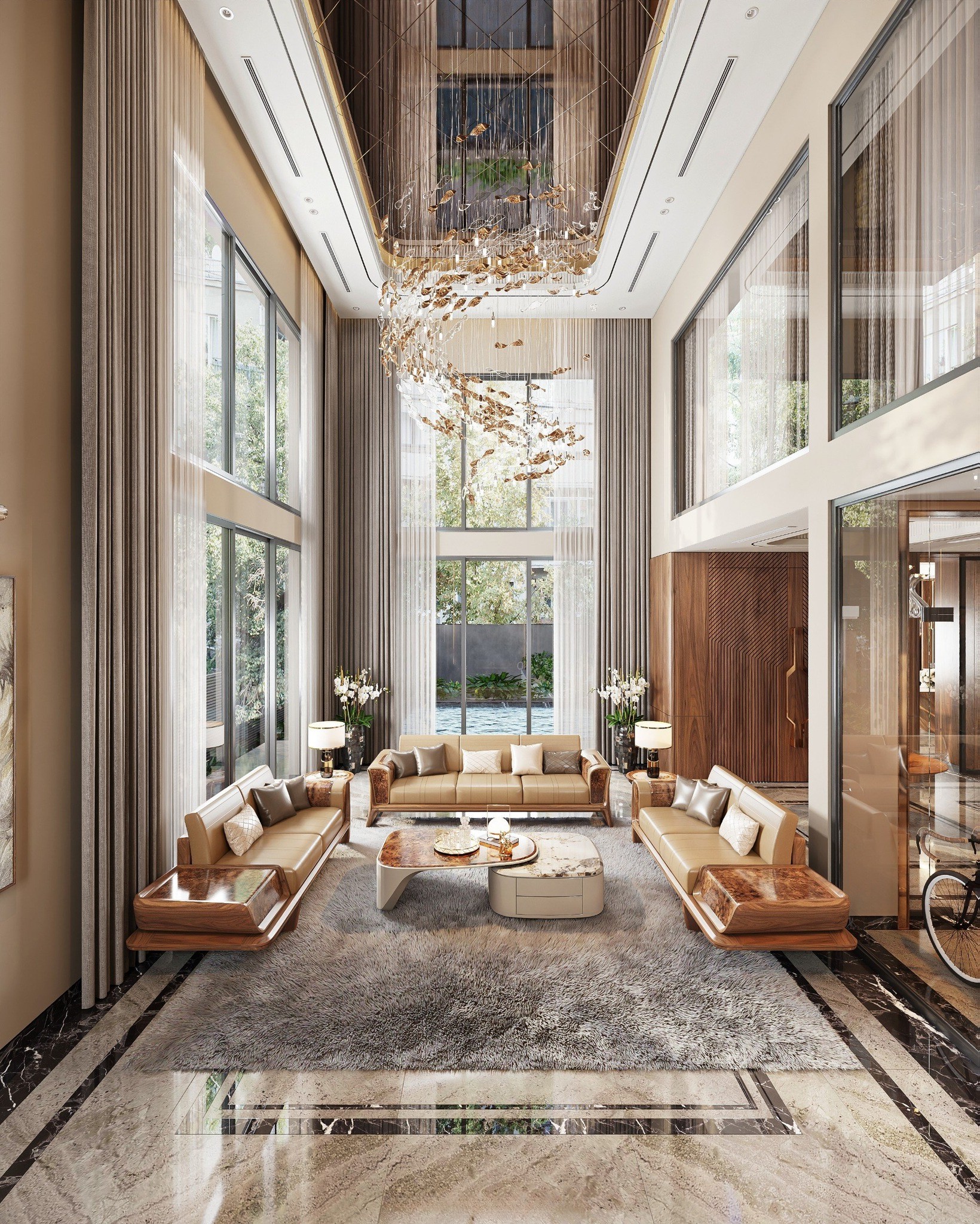 Các mẫu bàn ghế gỗ phòng khách đẹp với ghế băng gỗ óc chó và bàn trà mặt đá veneer nu hiện đại