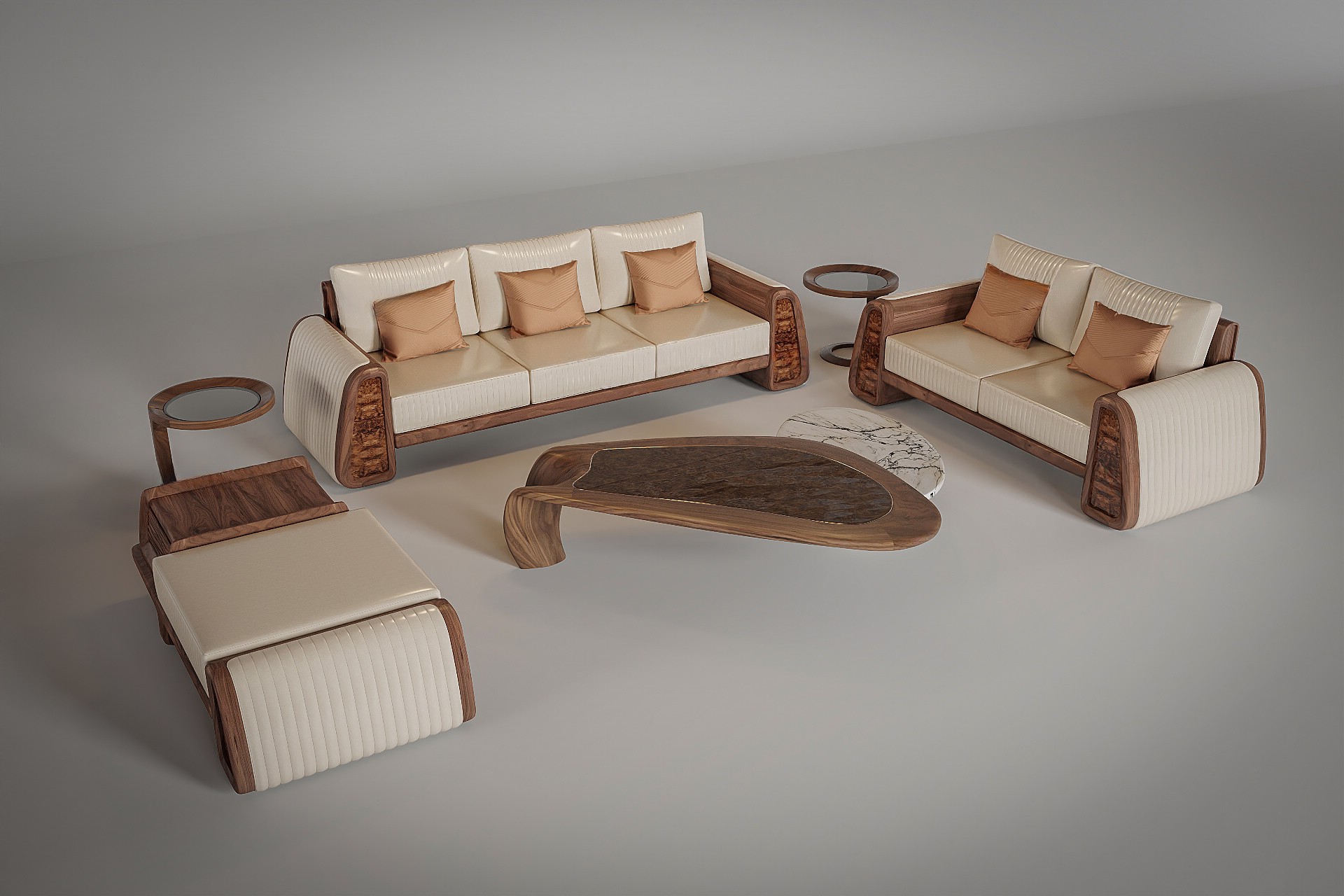 Các mẫu bàn ghế gỗ phòng khách hiện đại với ghế bọc da trắng kem và bàn trà veneer nu