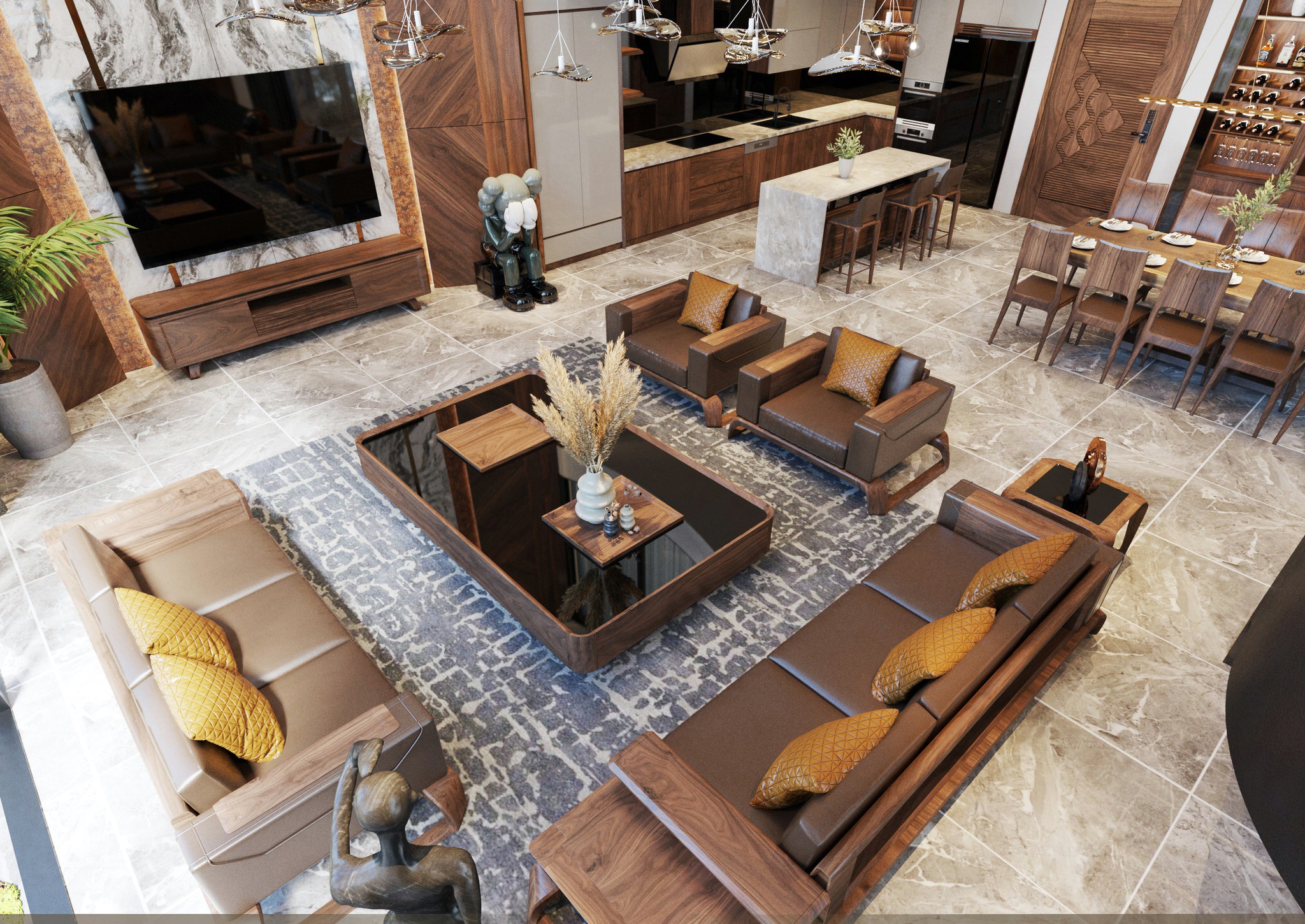 không gian chung cư liên thông với sofa gỗ óc chó, bếp chữ L, đảo bếp và bàn ăn 10 ghế sang trọng