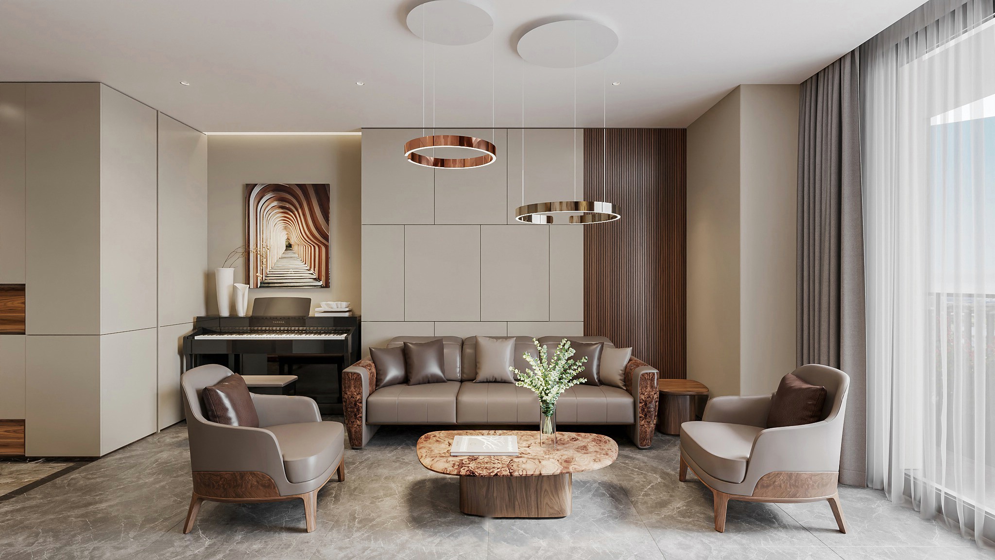 Ghế sofa gỗ đơn dài ốp veneer nu với đệm da ghi đá sang trọng