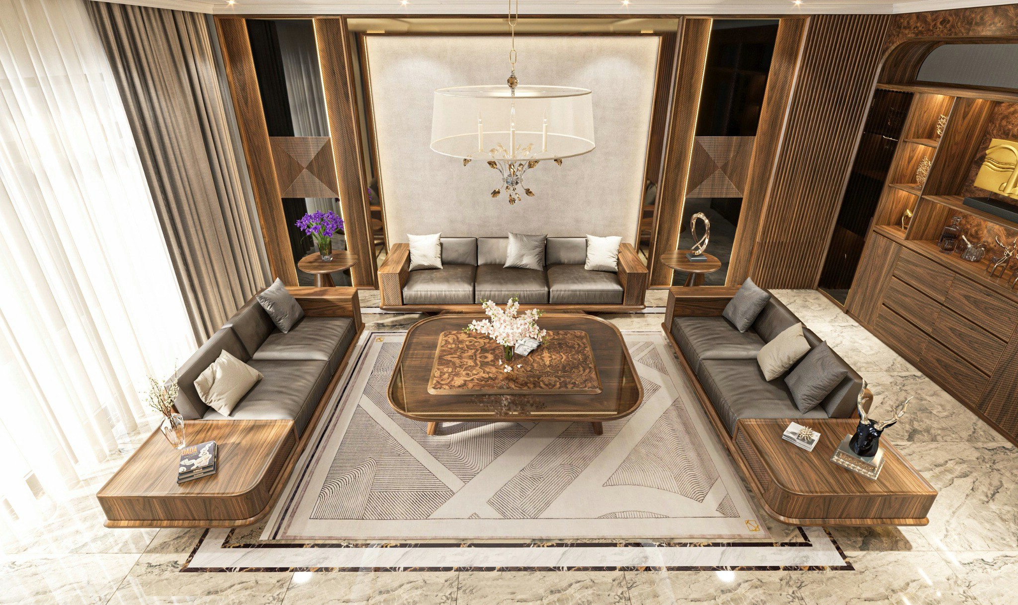 Ghế sofa gỗ đơn giản bằng gỗ óc chó và đệm da PU sang trọng