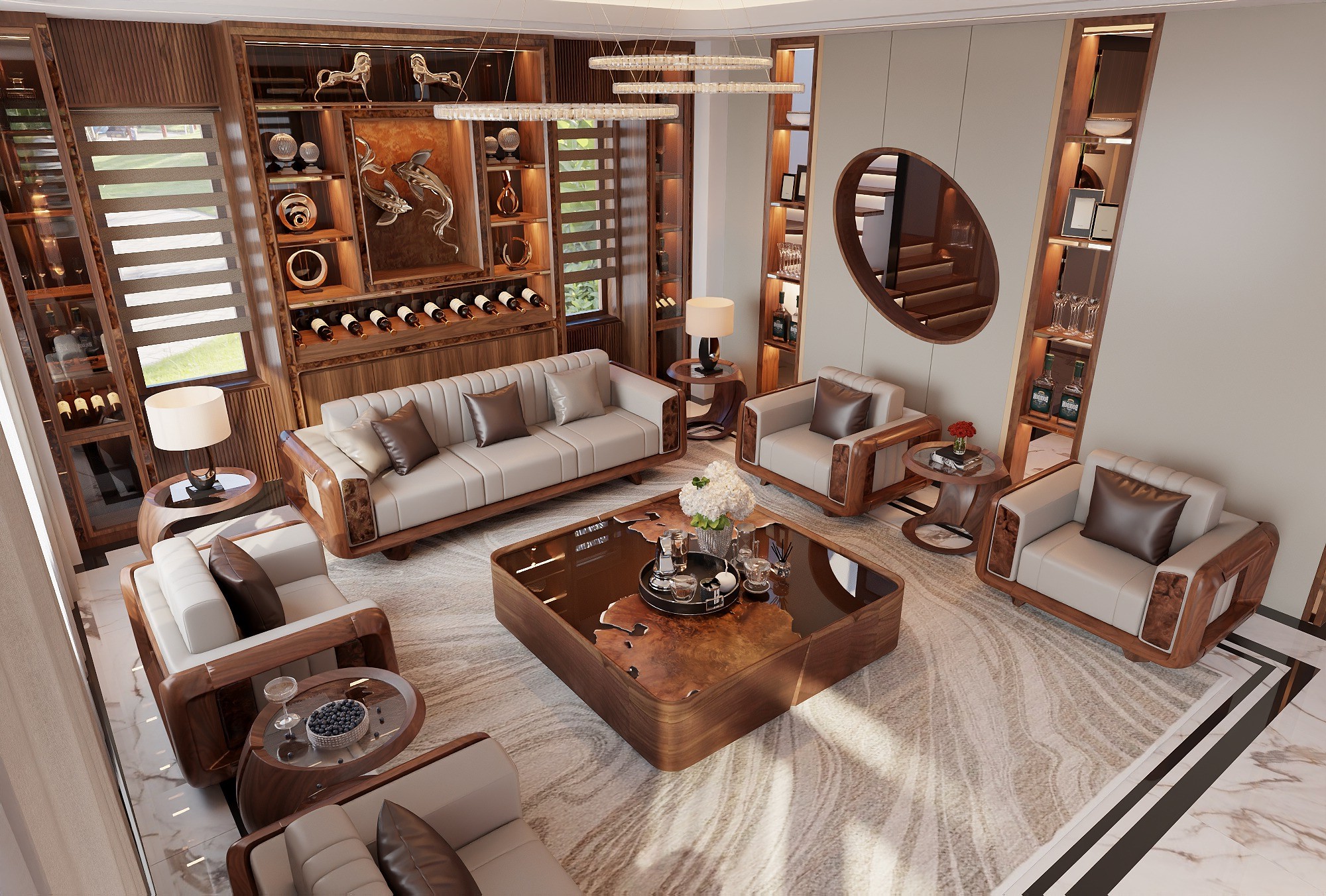 Ghế sofa gỗ phòng khách cao cấp chất liệu gỗ tự nhiên và da PU