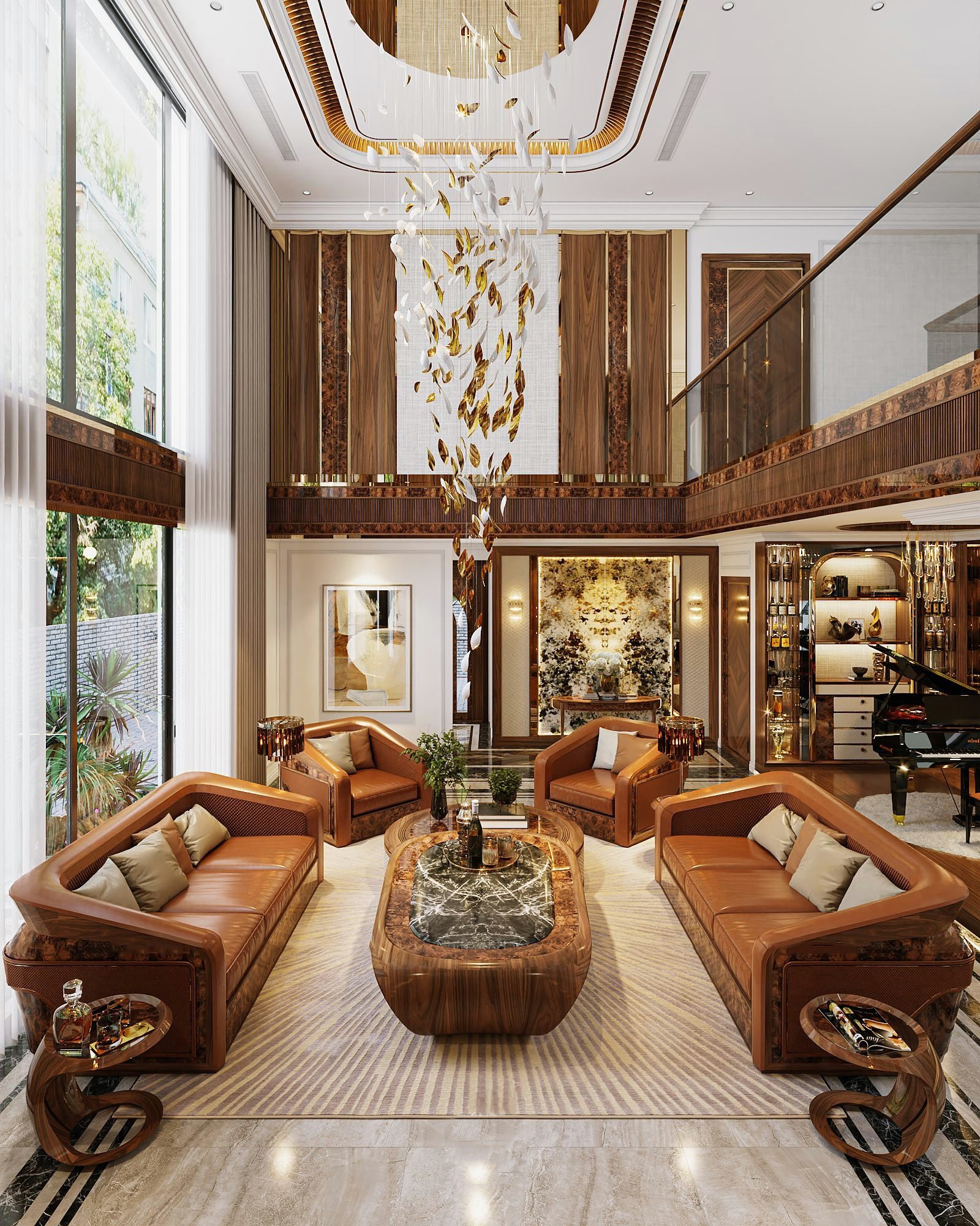 mẫu sofa cong khung gỗ óc chó ốp veneer vân nu, bọc da PU nâu cam đất may quả trám