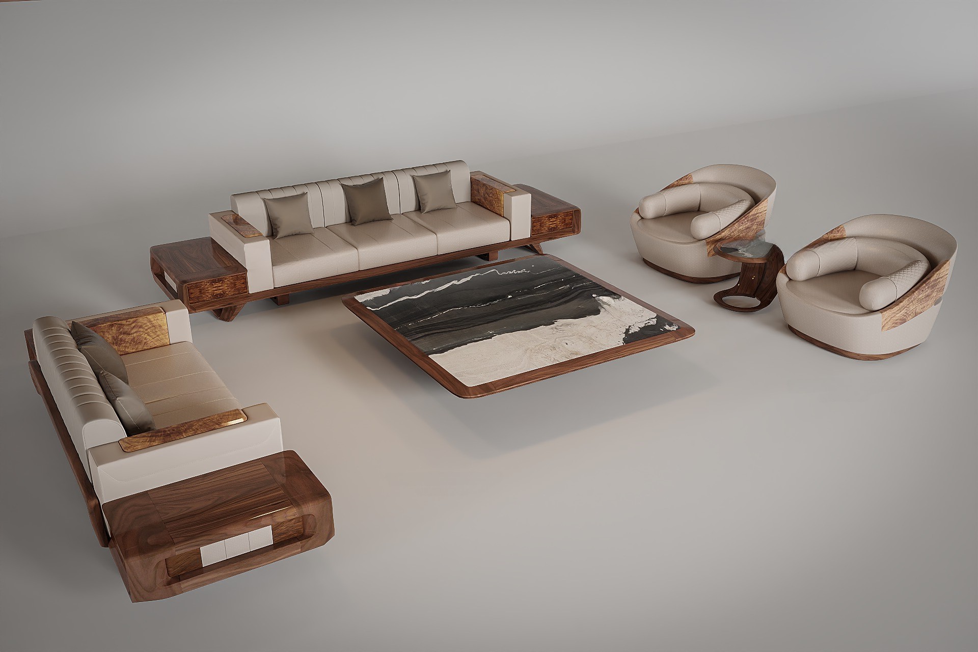 giá bộ bàn ghế gỗ phòng khách cao cấp bằng gỗ óc chó Bắc Mỹ với sofa văng, ghế đơn vỏ trứng và bàn trà mặt đá marble