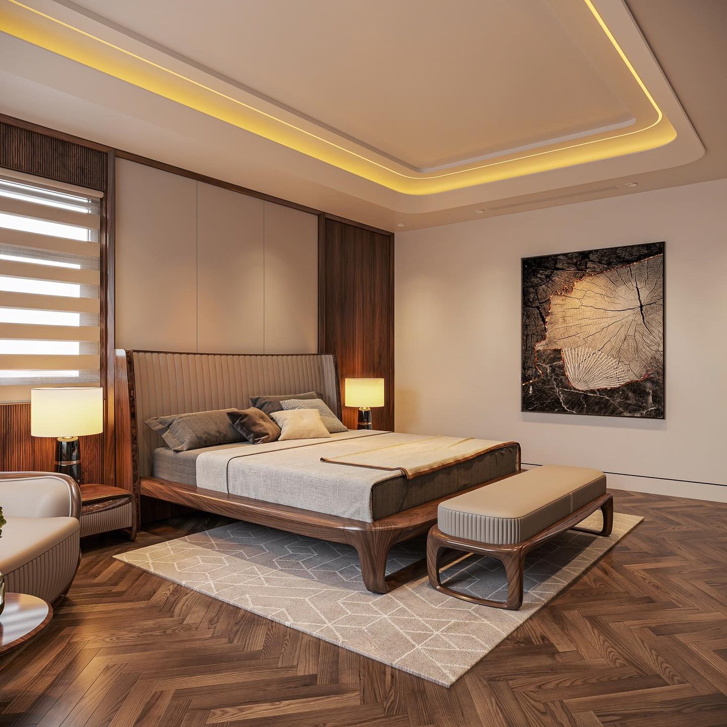 Giường ngủ hiện đại bằng gỗ óc chó tự nhiên với tựa đầu bọc nệm và ghế băng cuối giường