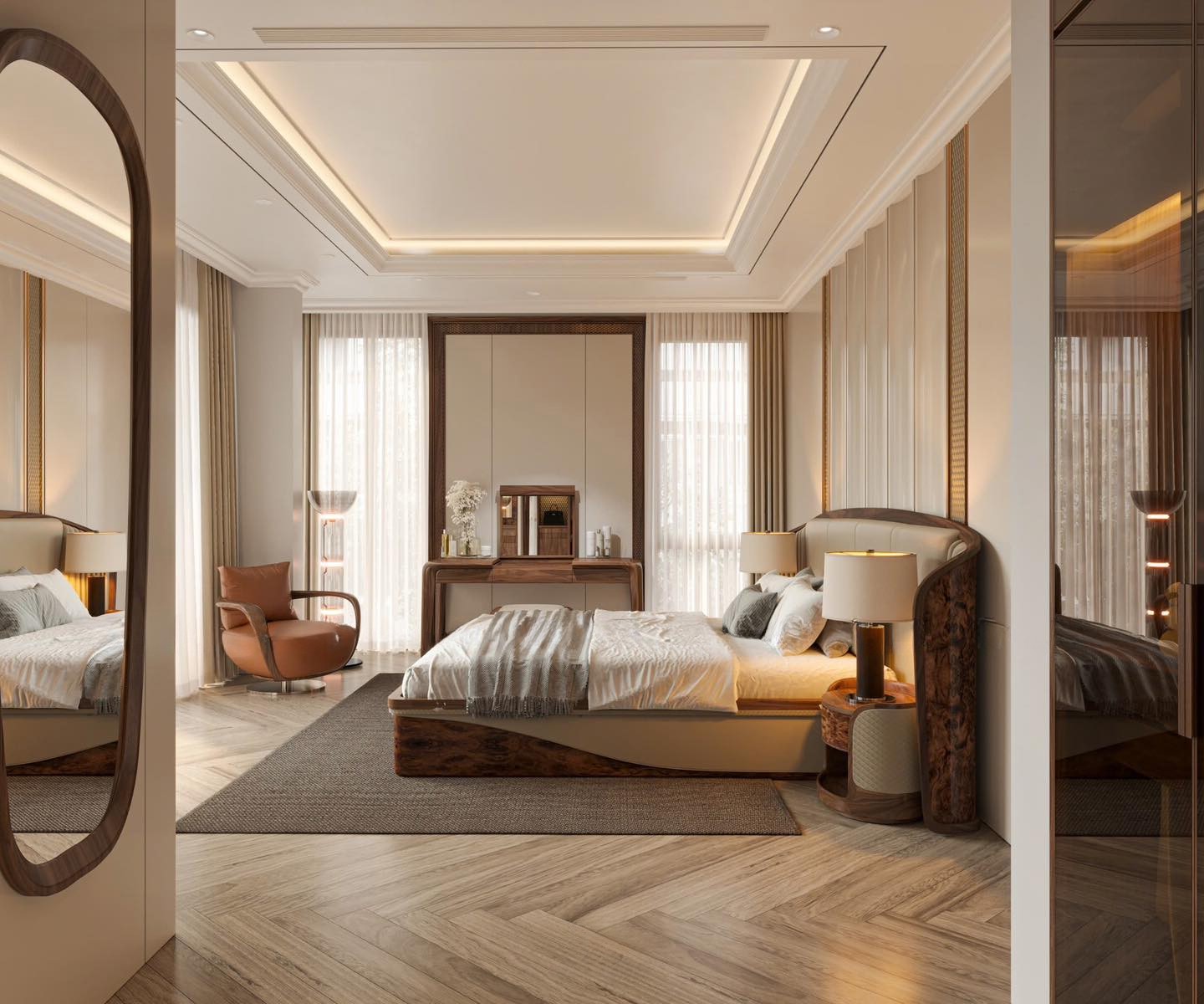 Giường gỗ cao cấp thiết kế hình hộp với đầu giường cong và tab đầu giường oval