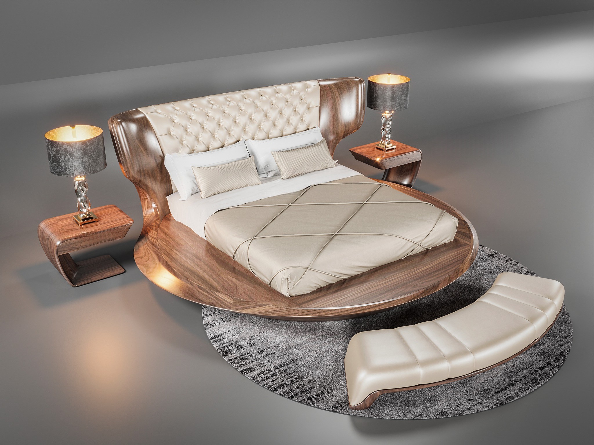 Giường gỗ óc chó dáng tròn hiện đại, tựa đầu bọc da chần nút