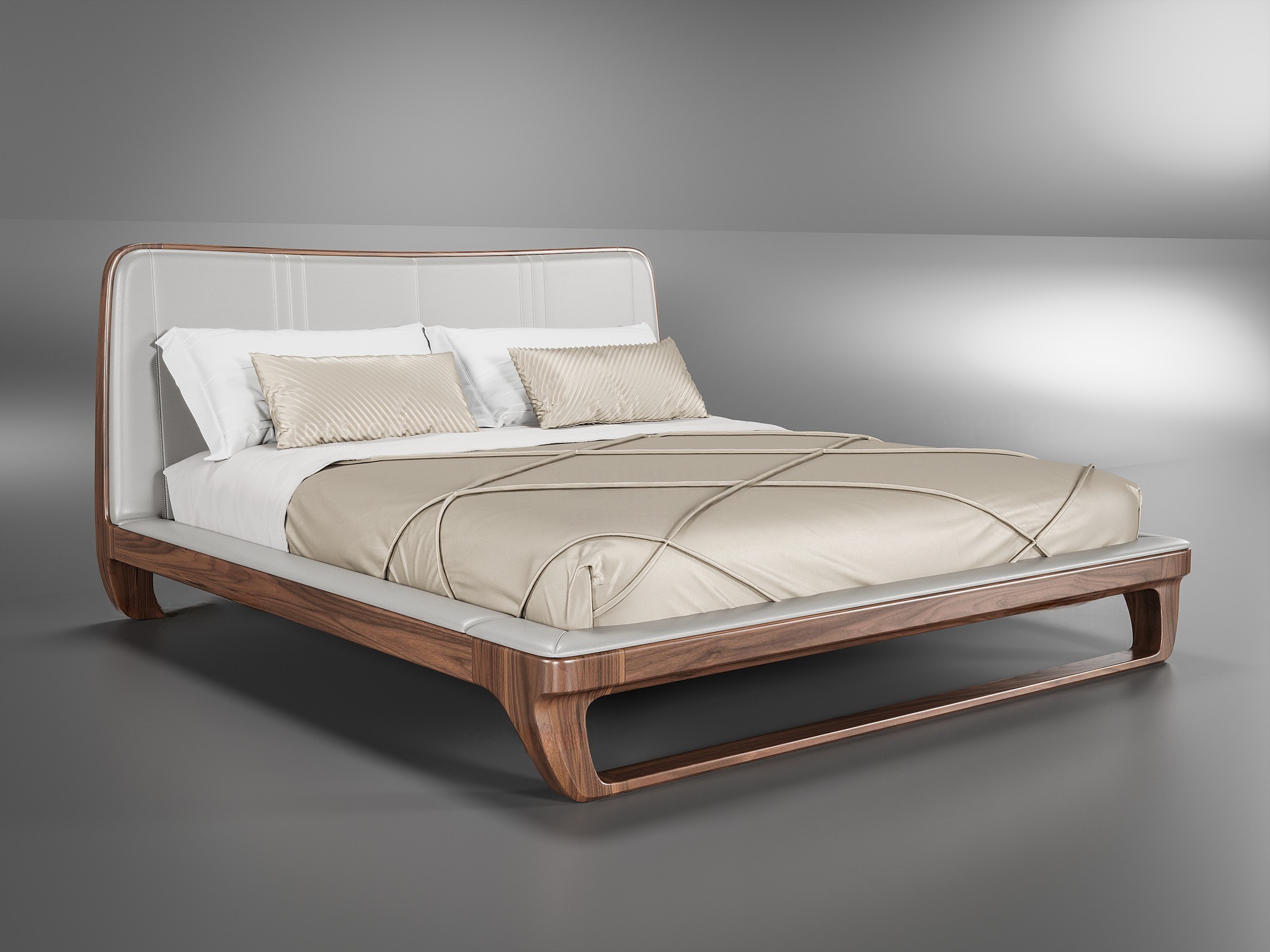 Giường gỗ tự nhiên đẹp dáng thấp với tựa đầu bọc da ghi đá hiện đại
