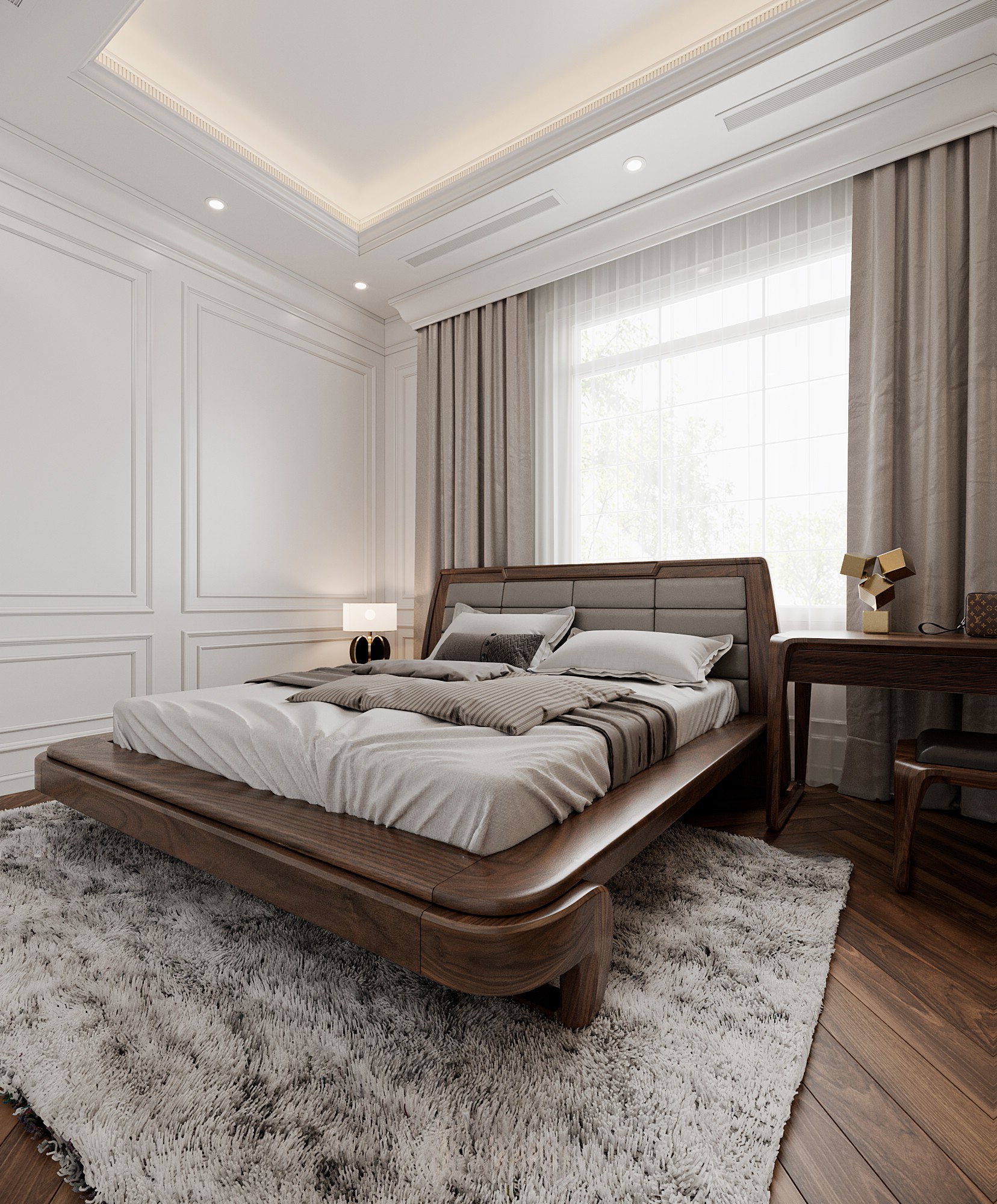 Giường gỗ tự nhiên với chân dáng chữ U đặc trưng và đầu giường bọc nệm