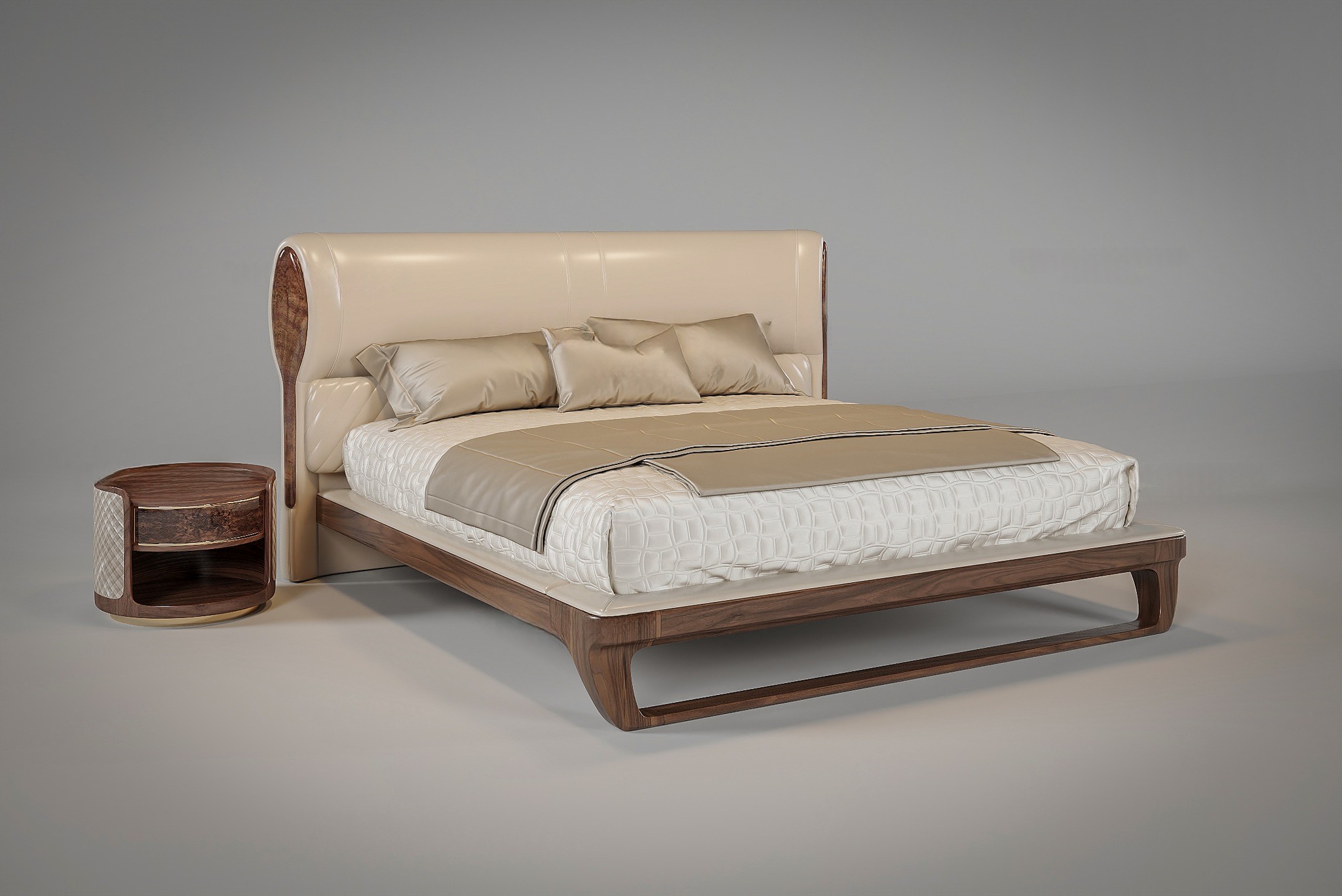 Giường ngủ 1m6 x 2m gỗ óc chó bọc da trắng kem sang trọng