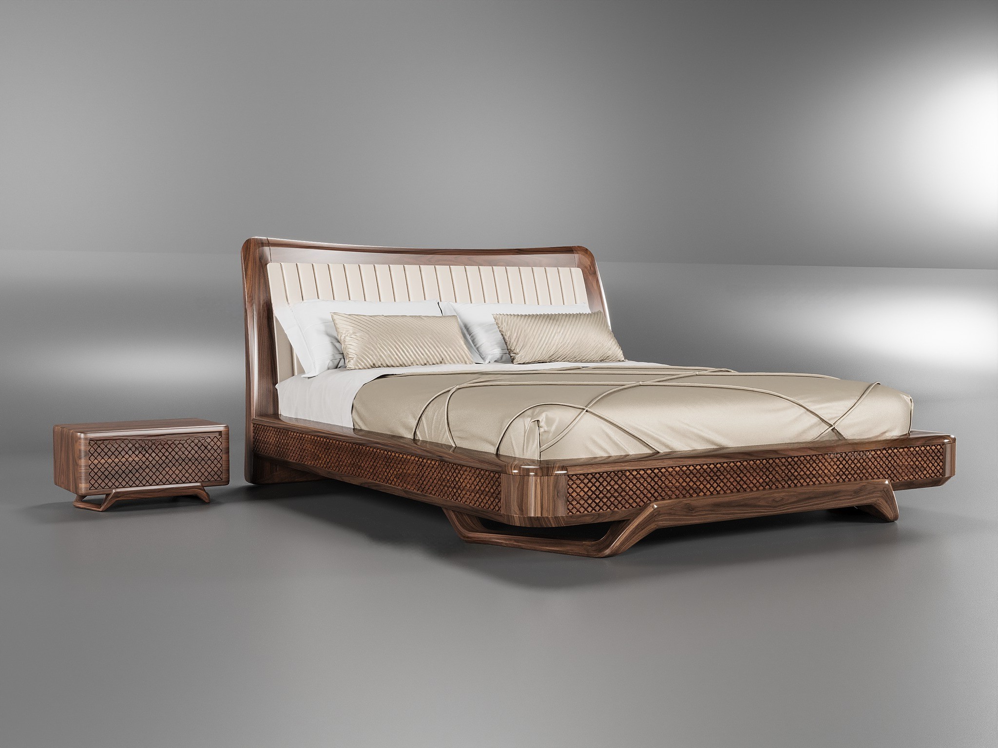 Giường ngủ bằng gỗ óc chó hiện đại với tựa đầu vát cong bọc nệm da vải