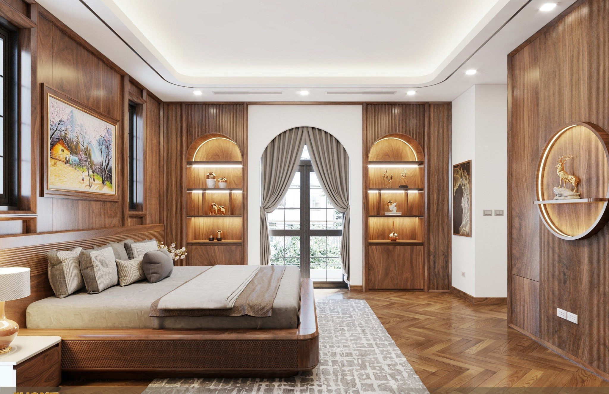 Giường ngủ cao cấp hộp chữ nhật gỗ óc chó tựa đầu kẻ sọc ngang