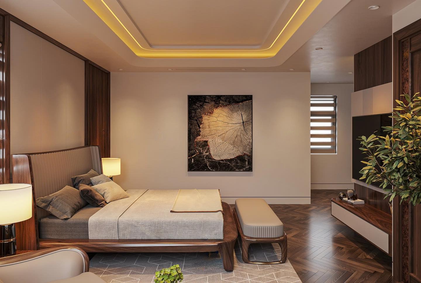 Giường ngủ đẹp hiện đại dáng thấp bằng gỗ óc chó hoặc gỗ gụ với tựa đầu bọc nệm