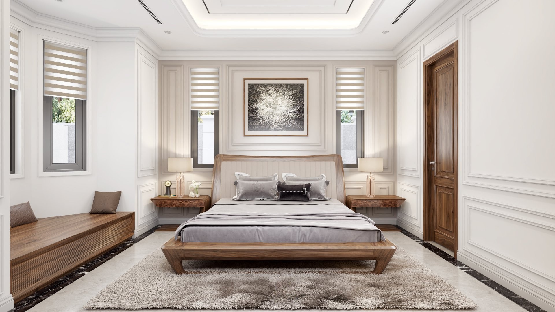 Giường ngủ đôi gỗ óc chó tự nhiên màu nâu gụ với tab đầu giường veneer nu