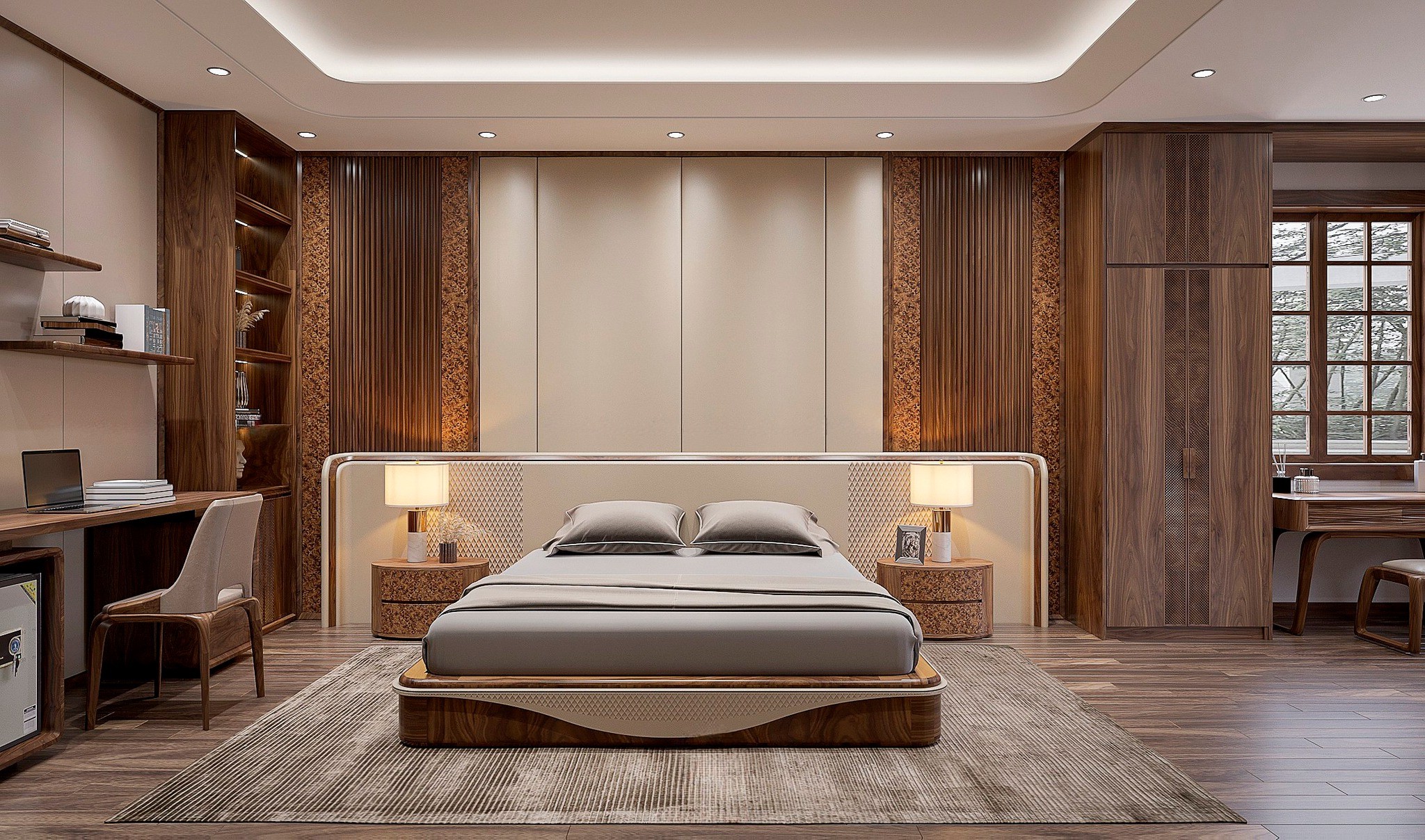 Giường ngủ gỗ hiện đại bọc da chần bông sang trọng với tab oval veneer nu