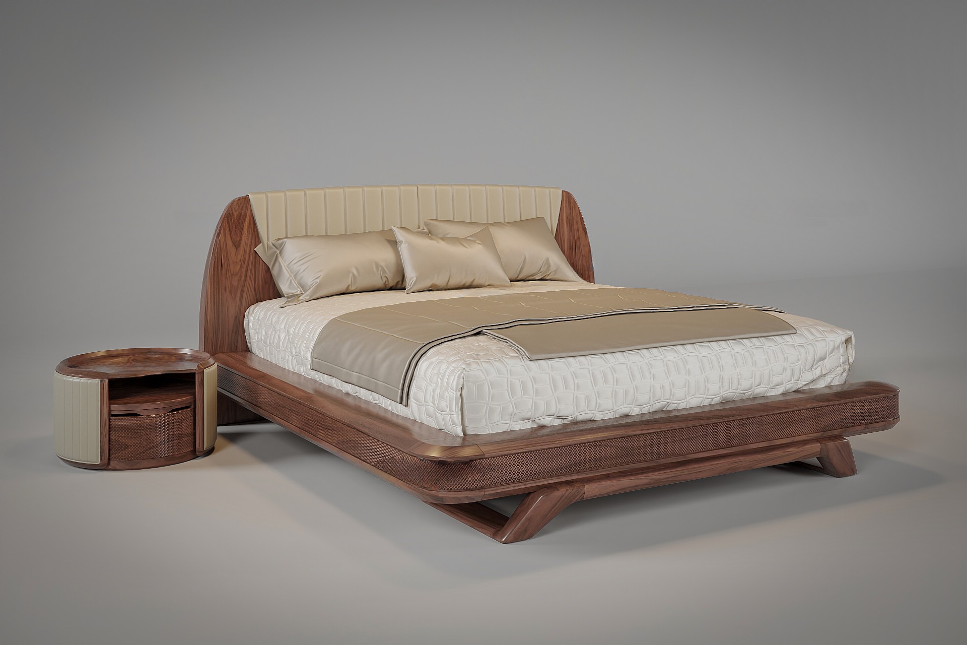 Giường ngủ gỗ tự nhiên cao cấp với khung CNC họa tiết mắt cáo và tựa đầu bọc da sang trọng